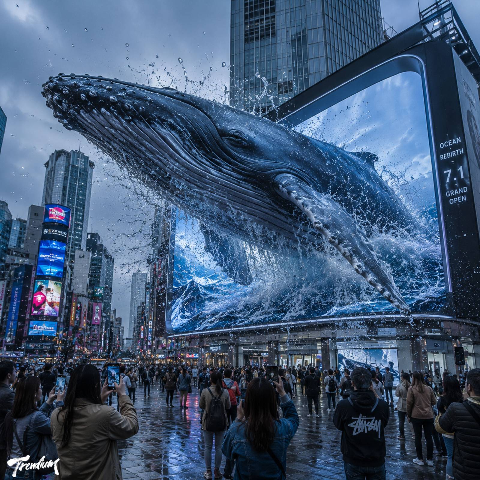 [prompt] A massive hyper-realistic blue whale splashing out of a 3D anamorphic billboard in a futuristic city square, forced perspective, hyper-detailed water droplets flying towards the camera, optical illusion.