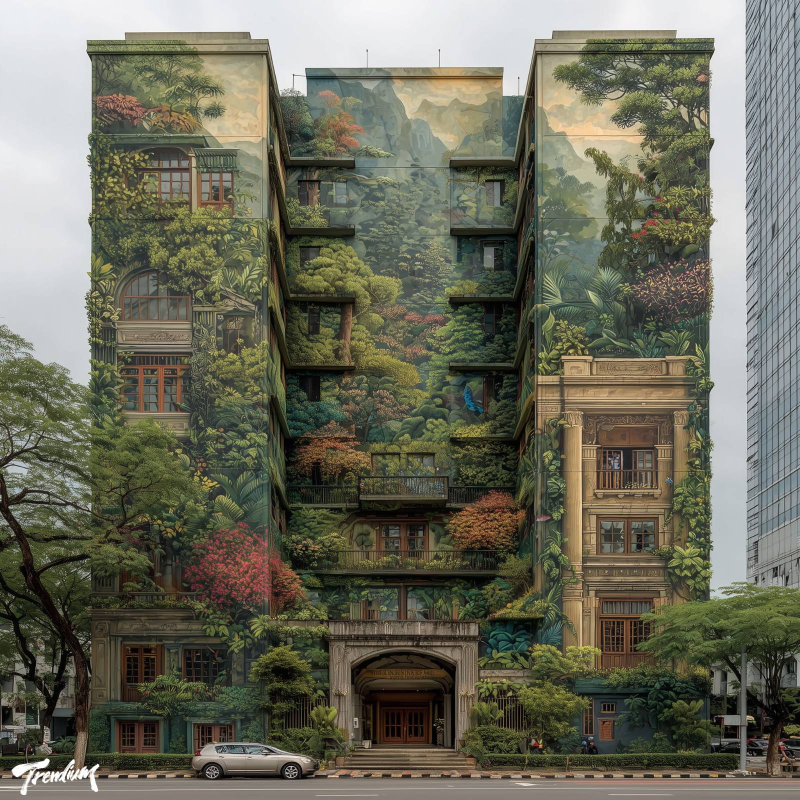 [prompt] Anamorphic building facade illusion, the entire front wall of a skyscraper painted to look like it has been peeled back, revealing a lush tropical jungle interior behind the concrete, ultra-detailed mural, photorealistic, single perfect viewpoint --stylize 400