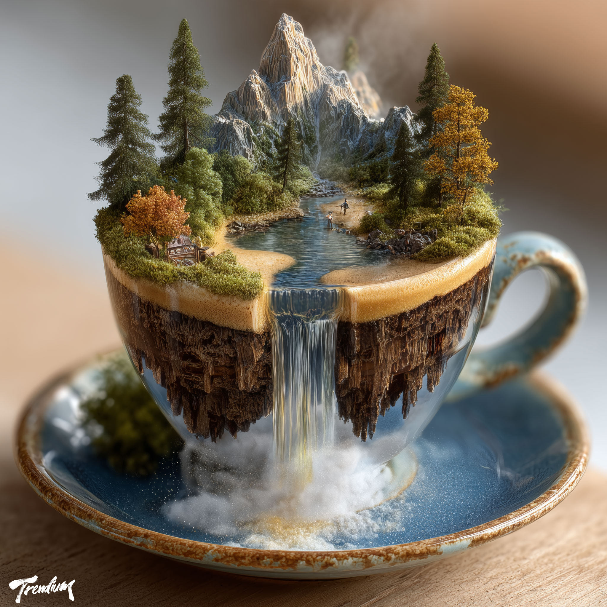 [prompt] Anamorphic 3D illusion painting on a cafe tabletop, a tiny world inside a coffee cup miniature mountains, forests and a waterfall made of espresso hyperrealistic trompe l'oeil viewed from directly above, warm morning light --stylize 400