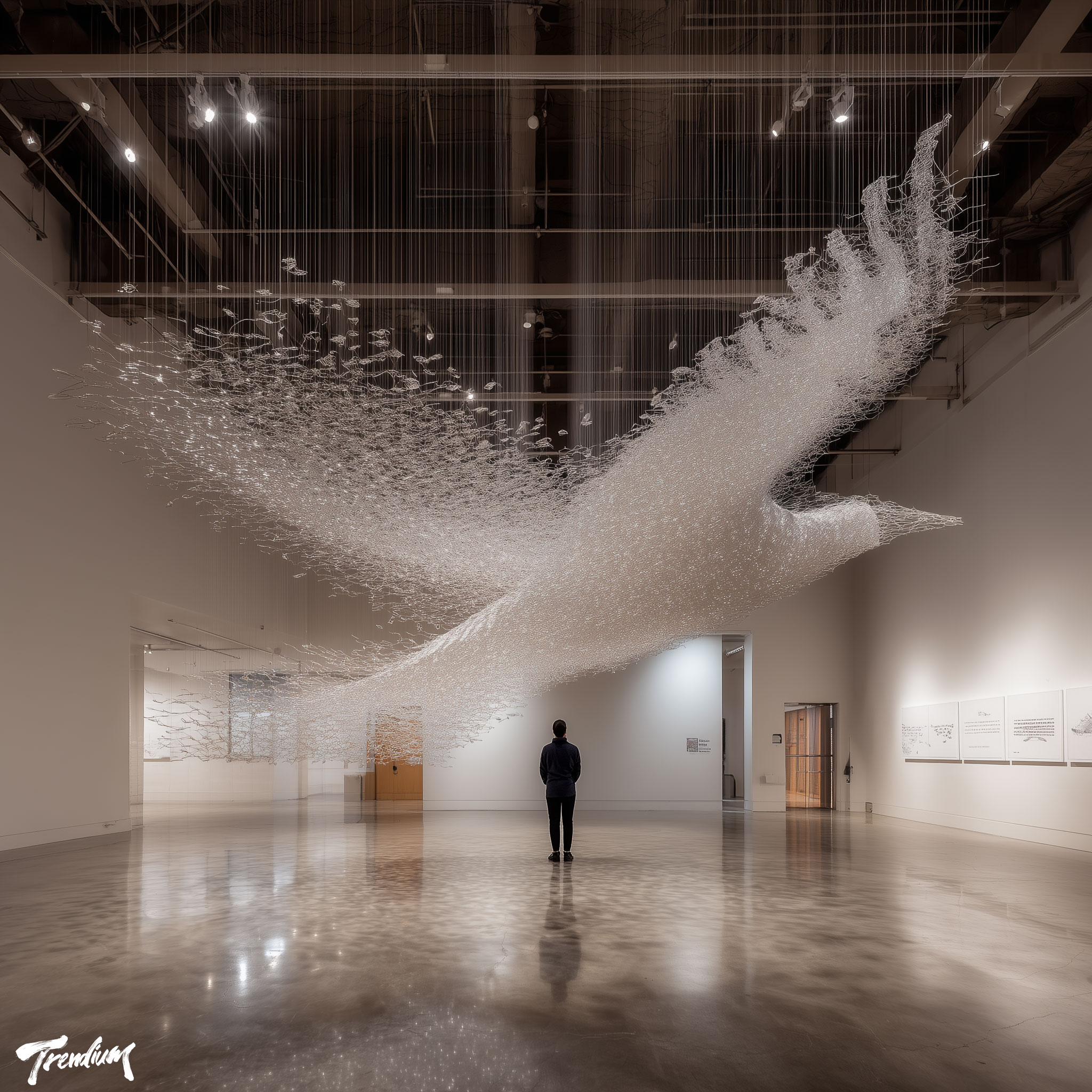 [prompt] large-scale anamorphic sculpture installation, hundreds of floating acrylic pieces suspended by nearly invisible wires, forming a soaring bird silhouette from one viewpoint, dissolving into chaos from other angles, minimalist museum interior, cinematic lighting, ultra realistic contemporary art photography