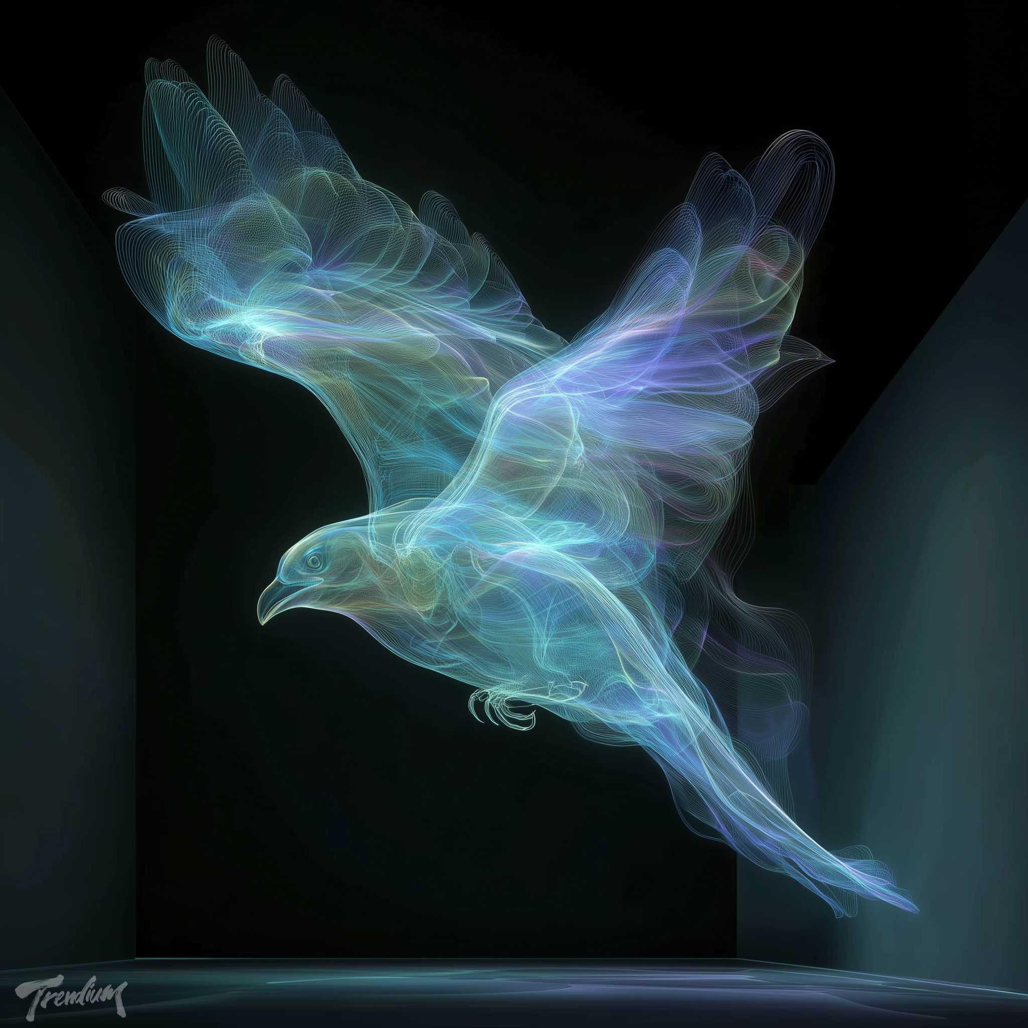 [prompt] large-scale anamorphic sculpture installation, hundreds of floating acrylic pieces suspended by nearly invisible wires, forming a soaring bird silhouette from one viewpoint, dissolving into chaos from other angles, minimalist museum interior, cinematic lighting, ultra realistic contemporary art photography --sref 2311601210