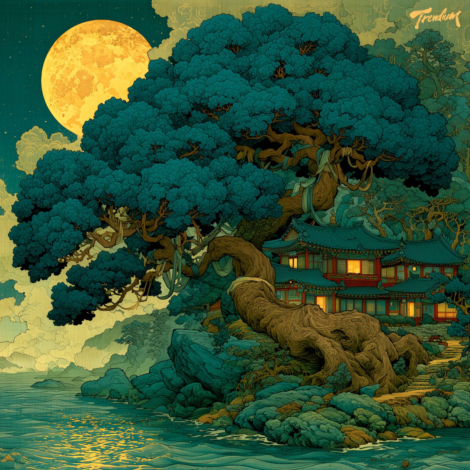 [prompt] Korean traditional chaekgwa painting style meets victorian fairy painting, miniature Samsin-halmang spirit rendered in fine ink lines and flat color washes, sacred village tree with ribbon threads, moonlit nocturne --raw --stylize 500