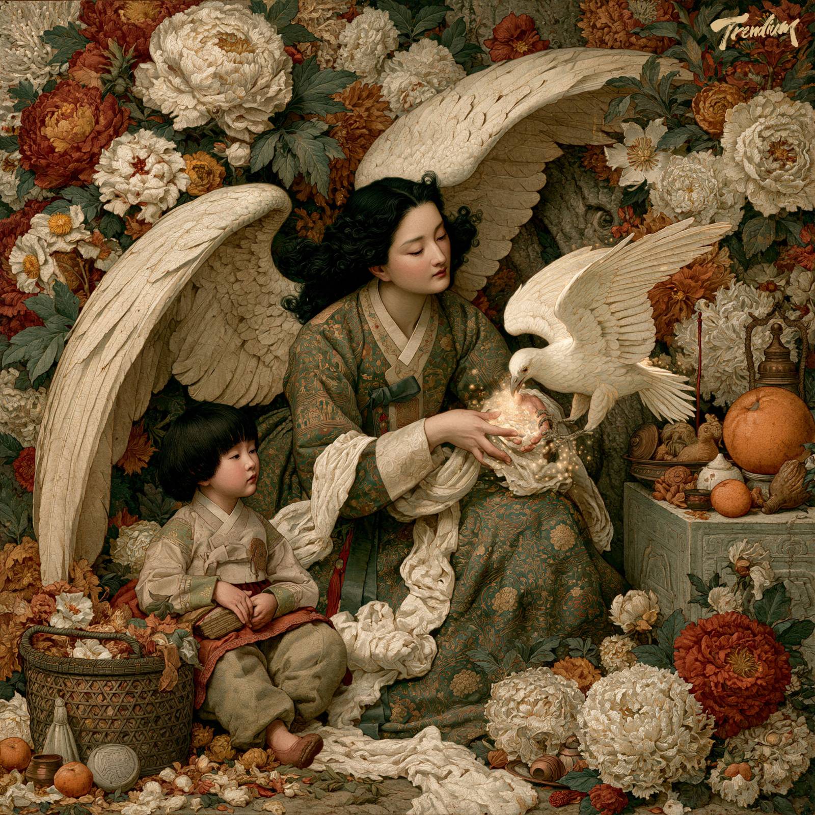 [prompt] winged woman in hanbok as Samsin-halmang, holding glowing white ribbons of destiny, luminous white bird emerging from her hands, child beside a woven basket, sacred village tree, intricate flowers and ritual objects, Korean gongpil painting fused with Victorian fairy painting, Richard Dadd influence, antique paper texture --stylize 250