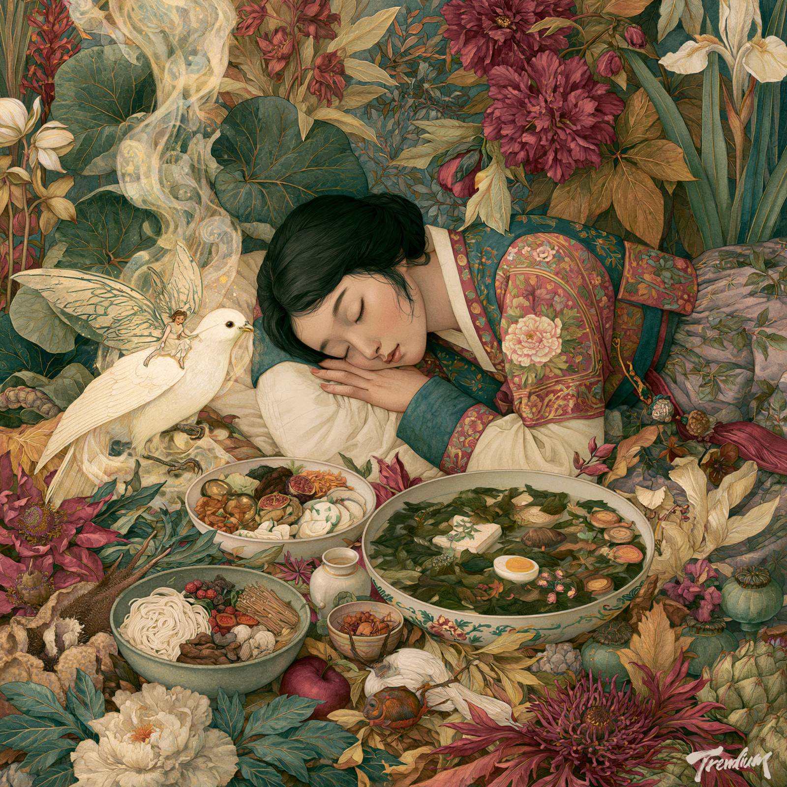 [prompt] a sleeping mother beside bowls of ritual food and seaweed soup, miniature winged Samsin-halmang emerging from the steam, luminous white bird, dream within a dream, Korean gongpil painting fused with Victorian fairy painting, sacred glow, obsessive botanical detail