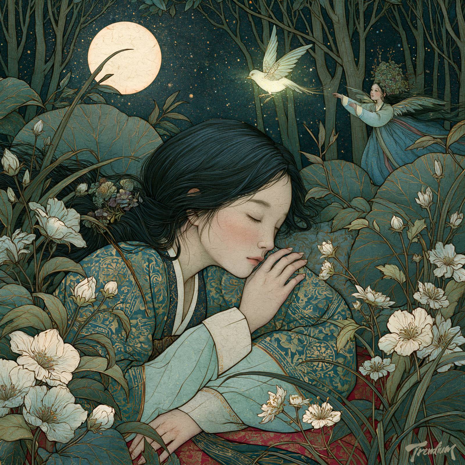 [prompt] sleeping Korean woman dreaming of a moonlit enchanted forest, miniature winged Samsin-halmang guiding a luminous bird through the trees, delicate flowers, sacred glow, Korean gongpil painting, Victorian fairy illustration, obsessive ornamental detail, soft paper texture