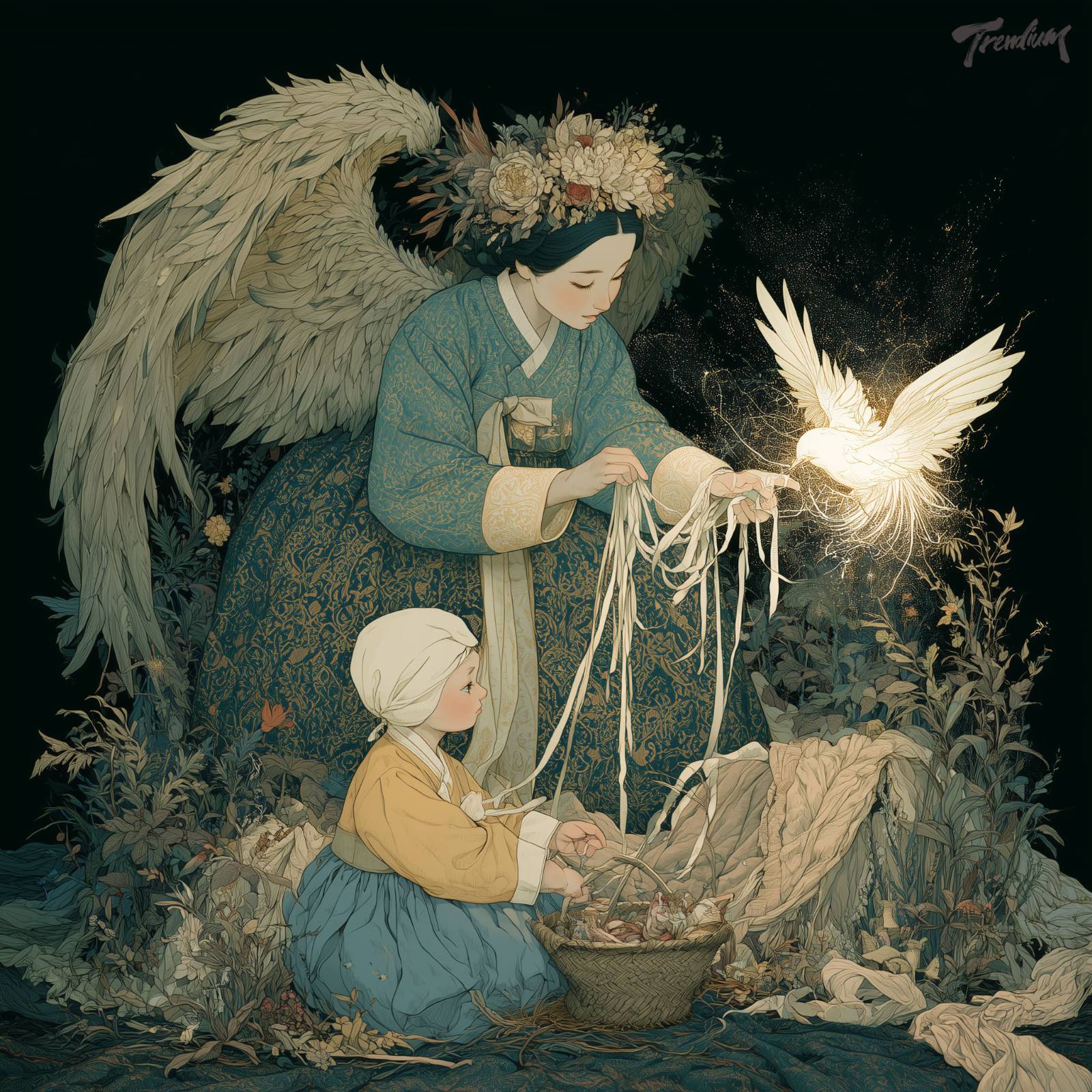 [prompt] a detailed illustration showing a winged woman and a child in traditional korean . the woman, with elaborate wings and a flower crown, wears a patterned teal and gold hanbok. she holds delicate white ribbons, from which a luminescent white bird emanates. below her, a young child in a yellow top, blue skirt, and white head covering, is engaged with items in a woven basket. the scene is rich with botanical details, featuring various plants, flowers, and draped textiles on a dark, textured ground.