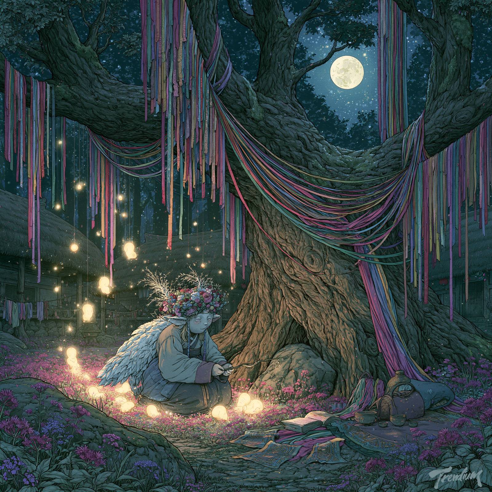 [prompt] Samsin-halmang beneath an ancient sacred village tree wrapped with colorful ribbon threads, glowing unborn souls floating among wildflowers, floral crown, white feathered wings, moonlit forest atmosphere, ultra detailed ink illustration, dreamlike sacred fantasy