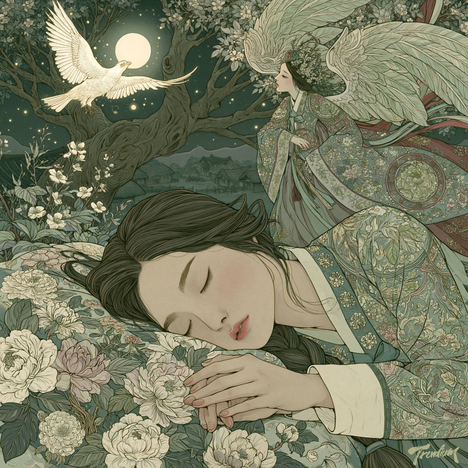 [prompt] a sleeping Korean woman resting on a floral pillow, hands gently folded, a winged Samsin-halmang in embroidered hanbok descending through a taemong vision, luminous white bird carrying a soul, moonlit sacred village tree, Korean gongpil painting, Victorian fairy painting, ultra fine ink linework, obsessive botanical detail, intricate textile patterns, sage green and ivory palette, antique storybook aesthetic, dreamlike nocturne, sacred glow
