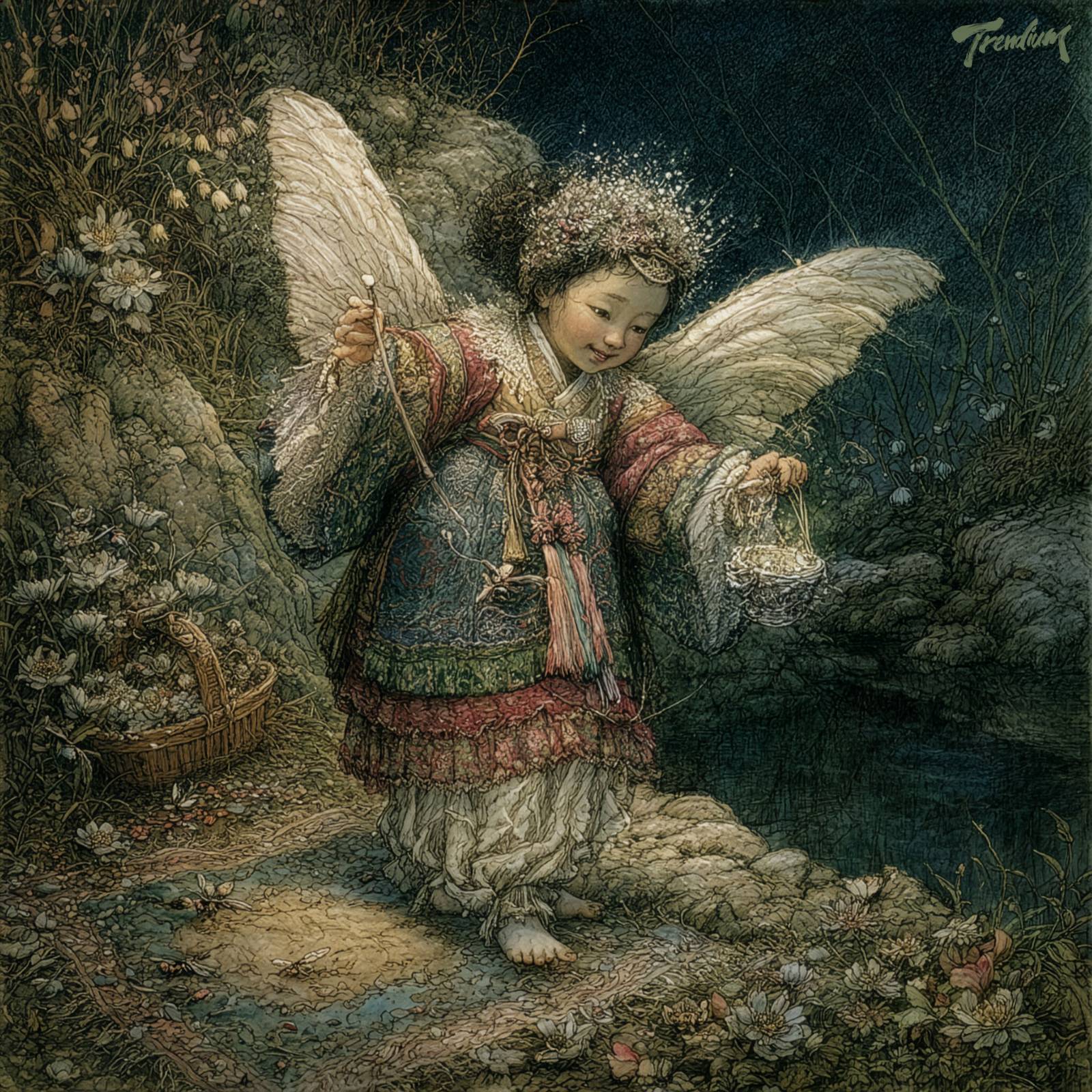 [prompt] Samsin-halmang reimagined as a miniature fairy spirit, tiny guardian of unborn souls, feathered wings, embroidered hanbok layered with Victorian textures, carrying a basket of glowing white birds, wandering through a moonlit sacred forest, surrounded by flowers, moss-covered stones and ancient roots, Richard Dadd inspired fairy painting, obsessive botanical detail, antique storybook aesthetic, intricate pen-and-ink linework, watercolor wash, dreamlike nocturne, mystical Korean folklore fused with Victorian fantasy