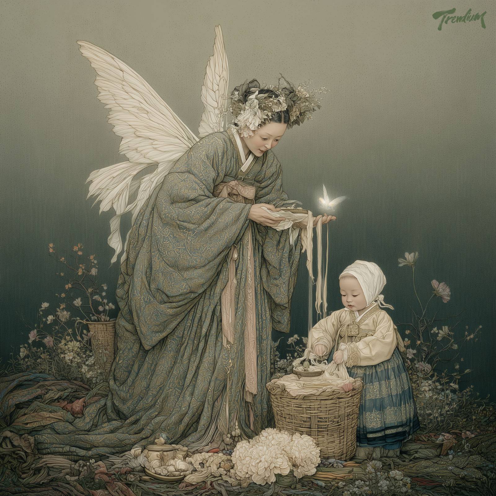 [prompt] masterpiece, Korean fairy folklore illustration, Samsin-halmang as a winged guardian spirit, richly embroidered sage green hanbok, enormous white feathered wings, floral crown, standing beside a Korean child and a woven basket filled with white cloth, glowing spirit butterfly, threads of destiny flowing from her hands, intricate flowers and botanical elements surrounding the figures, ceremonial bowl and ritual objects on the ground, Victorian fairy painting, Richard Dadd inspired, Arthur Rackham inspired, Korean gongpil painting, ultra detailed textile patterns, obsessive botanical detail, antique storybook aesthetic, delicate pen-and-ink linework, watercolor wash, muted green and ivory tones, mystical motherhood, dreamlike sacred fantasy, highly detailed illustration