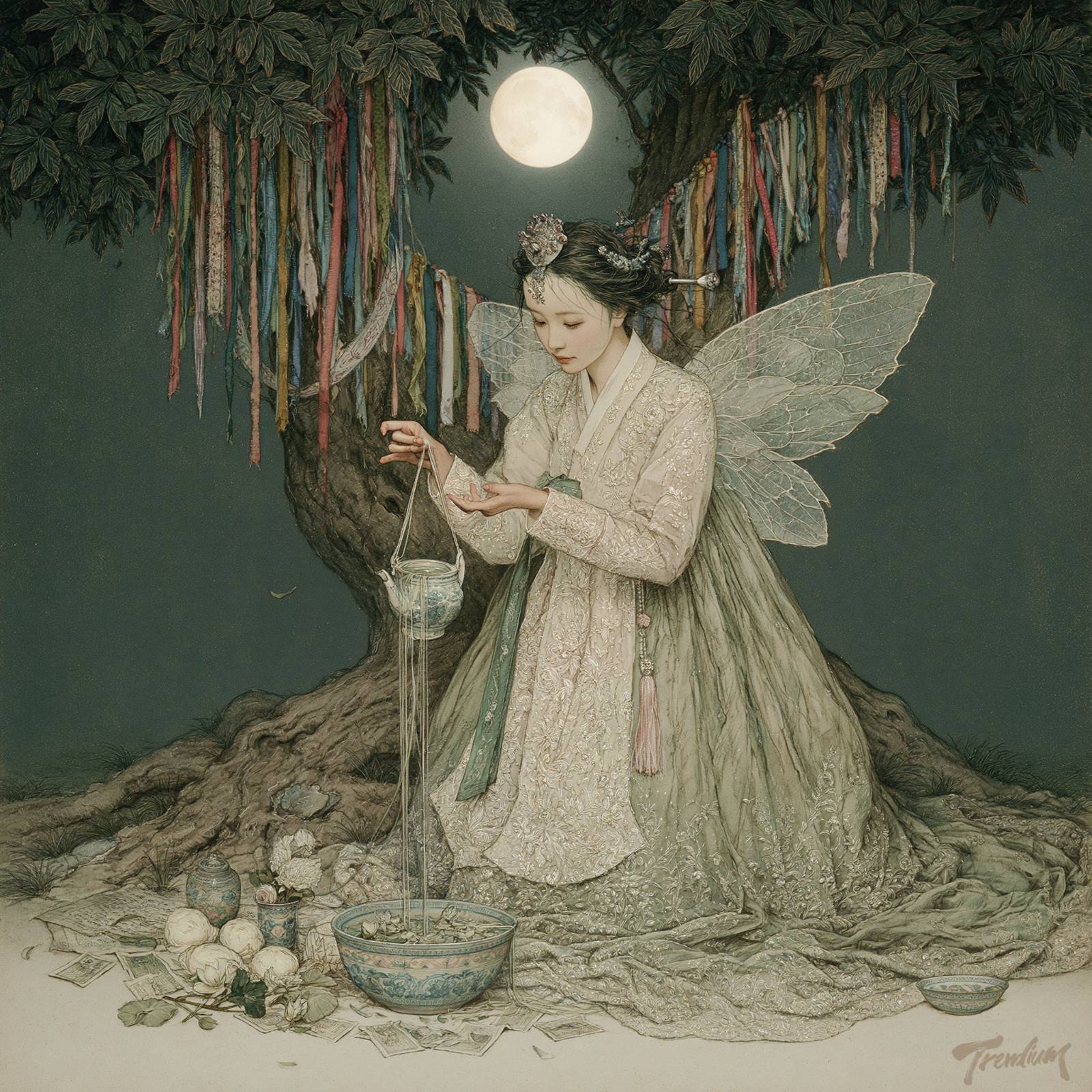 [prompt] masterpiece, Samsin-halmang as a serene fairy spirit, translucent insect wings, embroidered ivory hanbok with sage green accents, kneeling beneath a sacred Korean village tree wrapped in colorful prayer ribbons, full moon directly above, pouring silver threads of destiny into a blue ceremonial bowl, ritual vessels and flowers at her feet, exposed tree roots, delicate botanical details, Korean folk spirituality, Victorian fairy painting, Richard Dadd influence, Korean gongpil painting, antique fairy tale illustration, intricate pen-and-ink linework, soft paper texture, muted earth tones, sacred dreamlike atmosphere, highly detailed