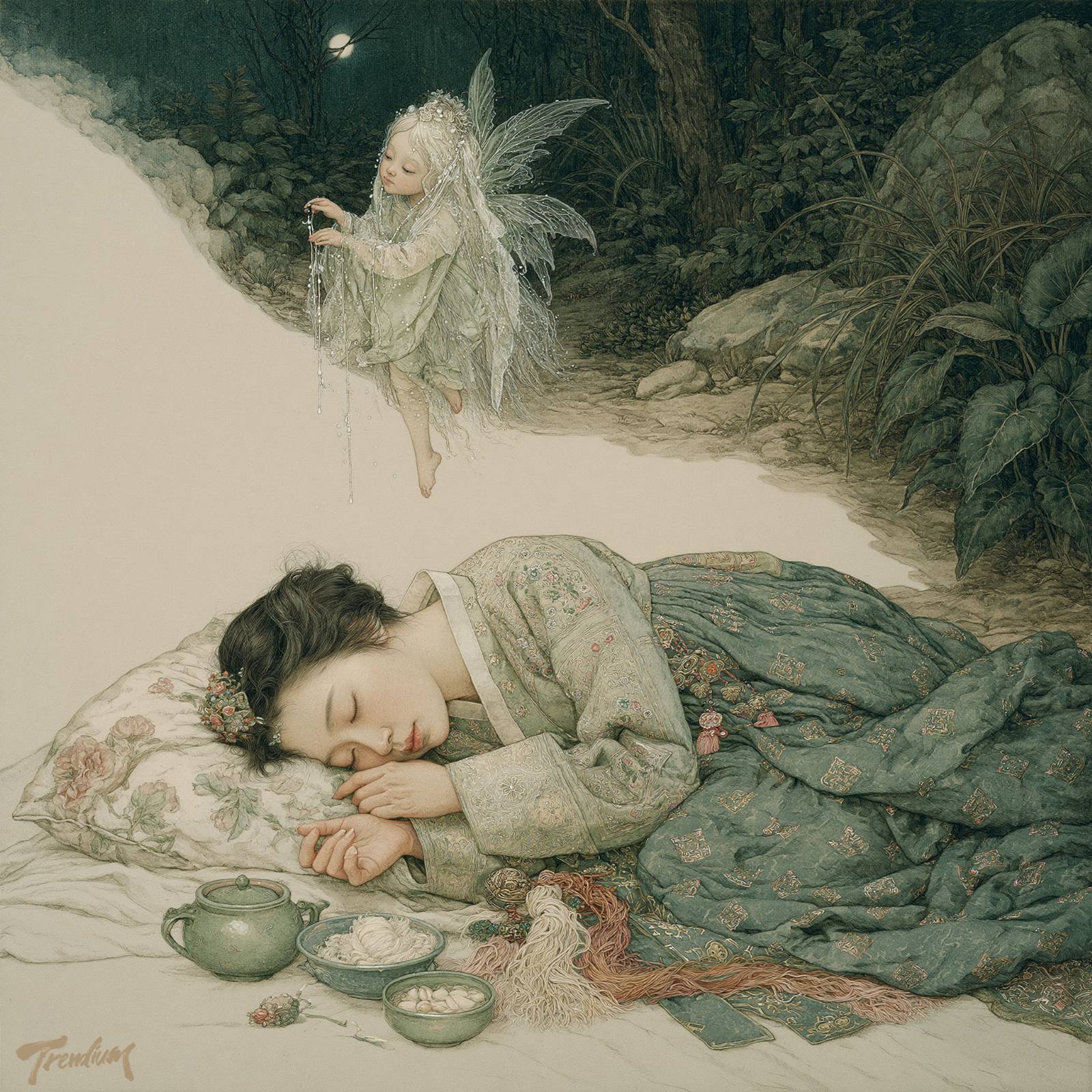 [prompt] a sleeping Korean woman resting on a floral pillow, wearing an exquisitely embroidered sage green hanbok, beside a celadon teapot, ritual food bowls and white noodles, hands gently folded in sleep, above her a miniature Samsin-halmang fairy with long silver-white hair and delicate translucent dragonfly wings, releasing shimmering threads of destiny like droplets of light, moonlit forest filled with lush foliage and ancient rocks, dream and reality separated by a soft glowing veil, Korean gongpil painting fused with Victorian fairy painting, Richard Dadd inspired, ultra fine ink linework, intricate textile embroidery, obsessive botanical detail, antique storybook illustration, watercolor and ink texture, muted sage green and ivory palette, dream within a dream, sacred nocturne atmosphere, highly detailed fantasy illustration