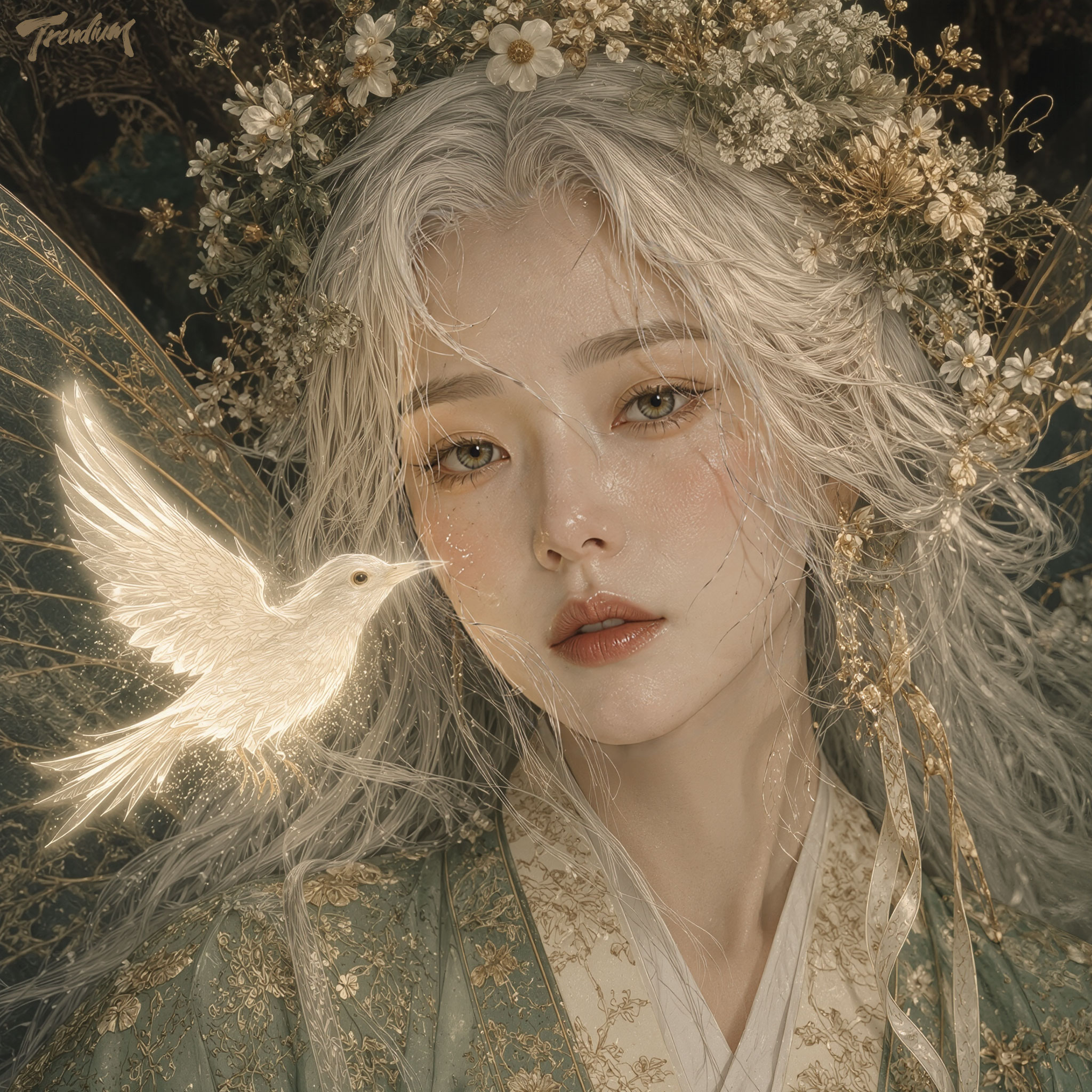 [prompt] close-up beauty portrait of Samsin-halmang, long silver-white hair, ethereal fairy wings, luminous white bird hovering beside her cheek, floral crown made of moonlit wildflowers, calm maternal expression, soft sacred glow illuminating her face, Korean folklore fantasy, Victorian fairy painting influence, antique storybook aesthetic, ultra detailed skin texture, emotional gaze, cinematic portrait photography, tight framing, dream within a dream