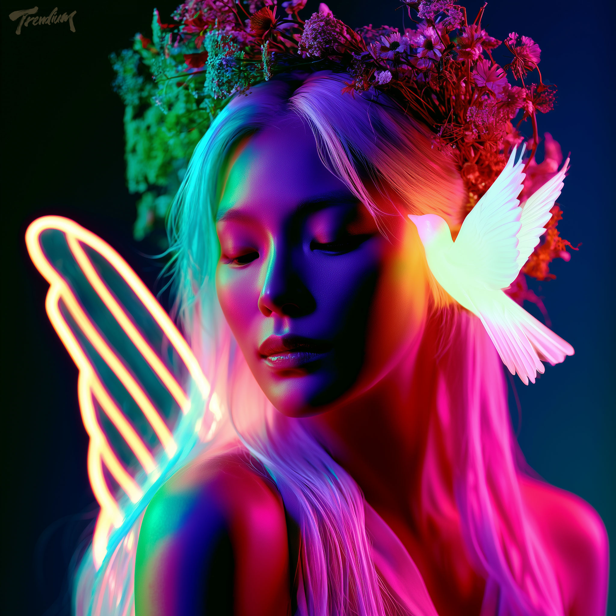 [prompt] close-up beauty portrait of Samsin-halmang, long silver-white hair, ethereal fairy wings, luminous white bird hovering beside her cheek, floral crown made of moonlit wildflowers, calm maternal expression, soft sacred glow illuminating her face, Korean folklore fantasy, Victorian fairy painting influence, antique storybook aesthetic, ultra detailed skin texture, emotional gaze, cinematic portrait photography, tight framing, dream within a dream --sref 1812187975