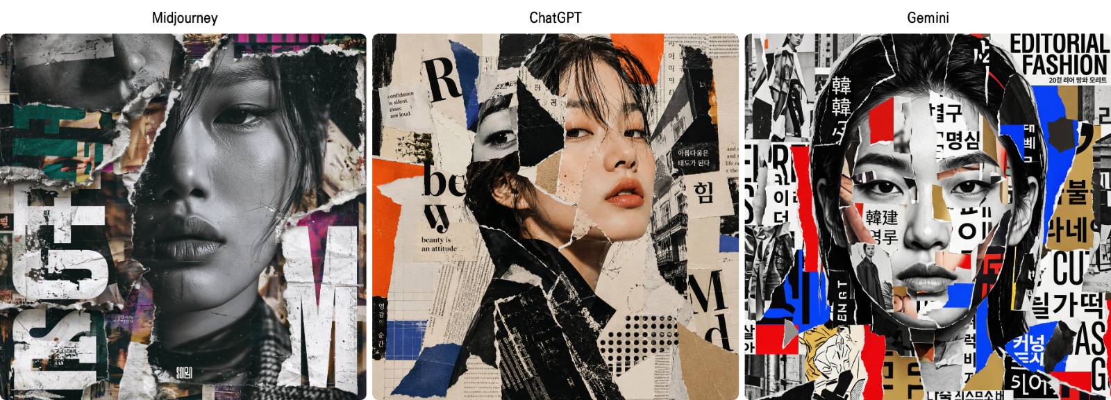 [prompt] collage portrait, fragmented magazine clippings, torn paper edges, mixed typography, Korean model in their 20s, high contrast, editorial style.