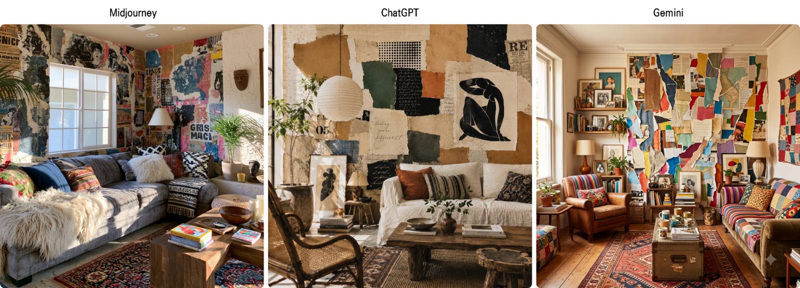 [prompt] collage interior design, layered textures, torn paper wall art, mismatched patterns, warm natural light, eclectic living room.