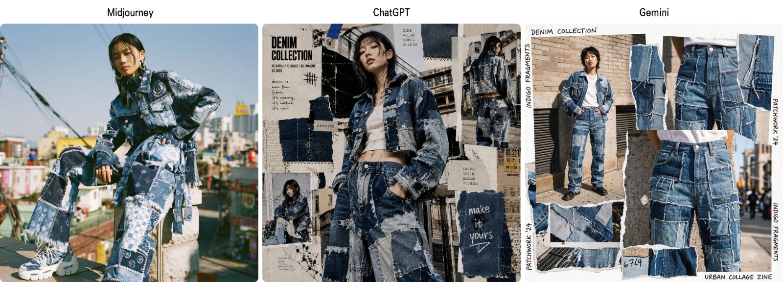 [prompt] denim collection editorial, collage patchwork jeans, mixed indigo wash fragments, raw edge stitching, zine aesthetic, urban background, Korean model in their 20s.