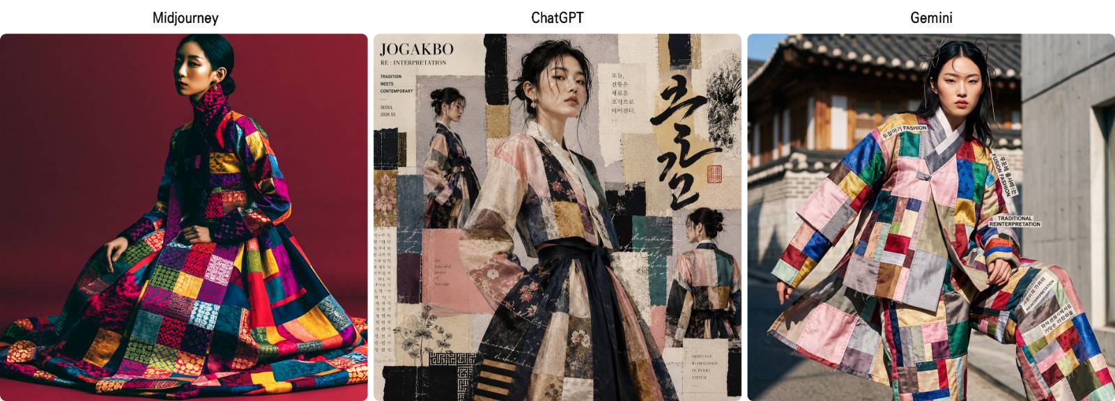[prompt] traditional hanbok reinterpretation, collage patchwork jogakbo silk panels, mixed color fragments, contemporary silhouette, Korean female model in her 20s, editorial fusion fashion.