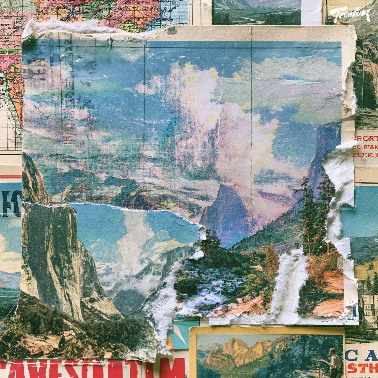[prompt] travel poster collage, vintage map clippings, torn postcard fragments, destination typography, layered transparencies, retro print aesthetic