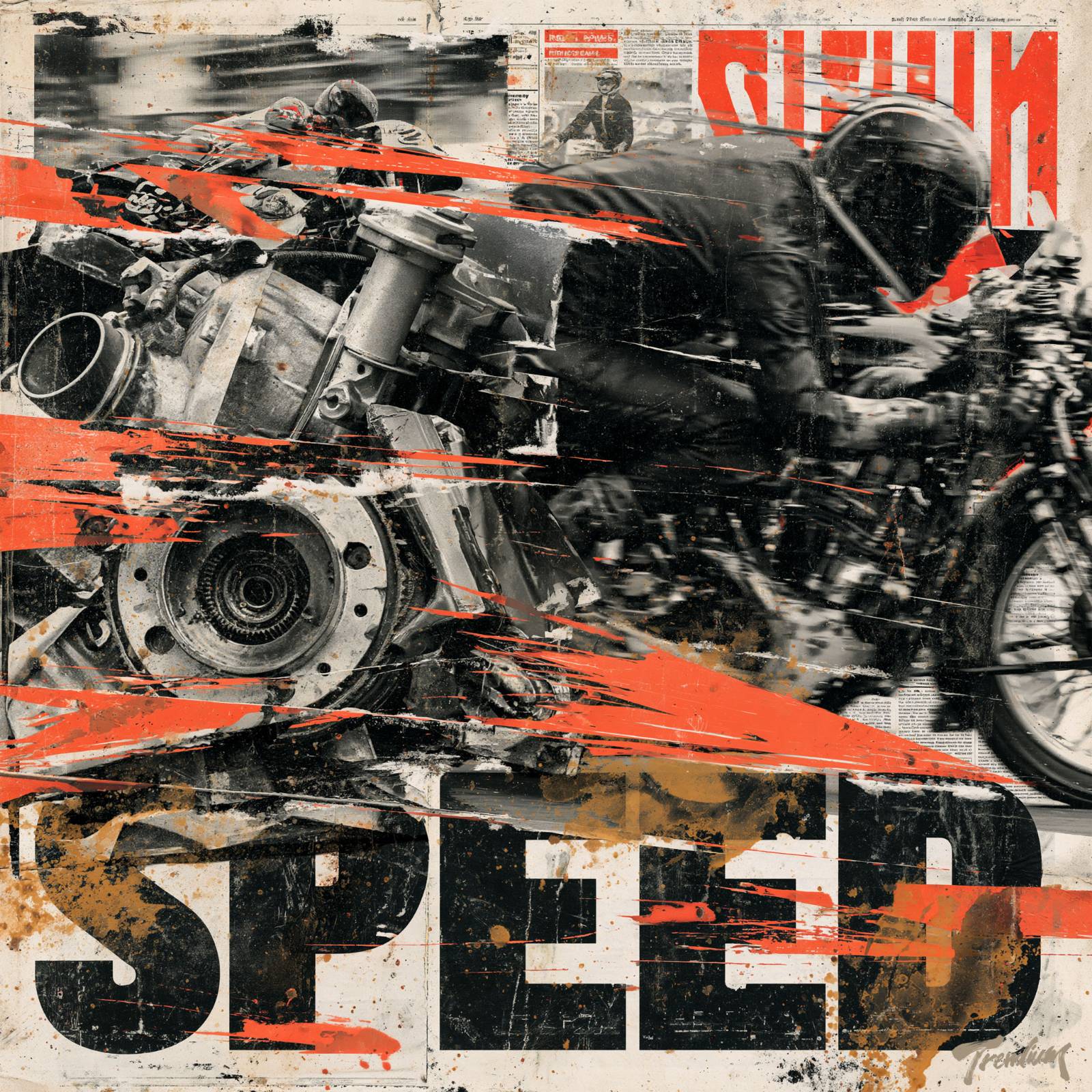 [prompt] vintage motorcycle collage poster, fragmented mechanical parts, torn racing magazine clippings, bold speed typography, high contrast black and oil-stained textures, kinetic energy