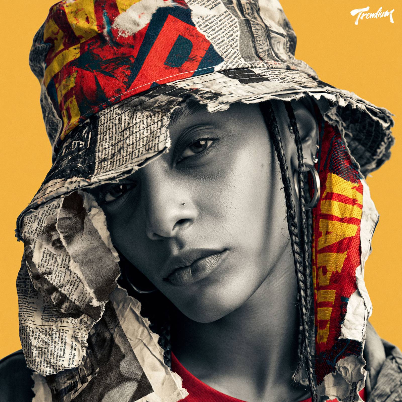 [prompt] bucket hat design, collage graphic print, torn newsprint texture, mixed typefaces, zine aesthetic, bold color blocking, streetwear accessories editorial
