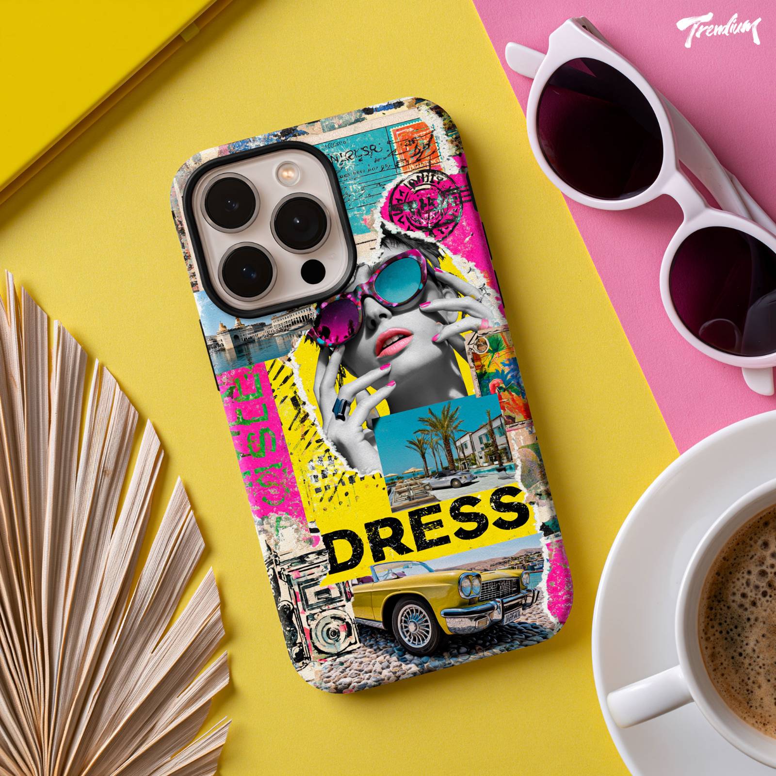 [prompt] phone case design, collage graphic print, photomontage fragments, torn vintage postcard texture, mixed typefaces, bold color blocking, lifestyle flat lay