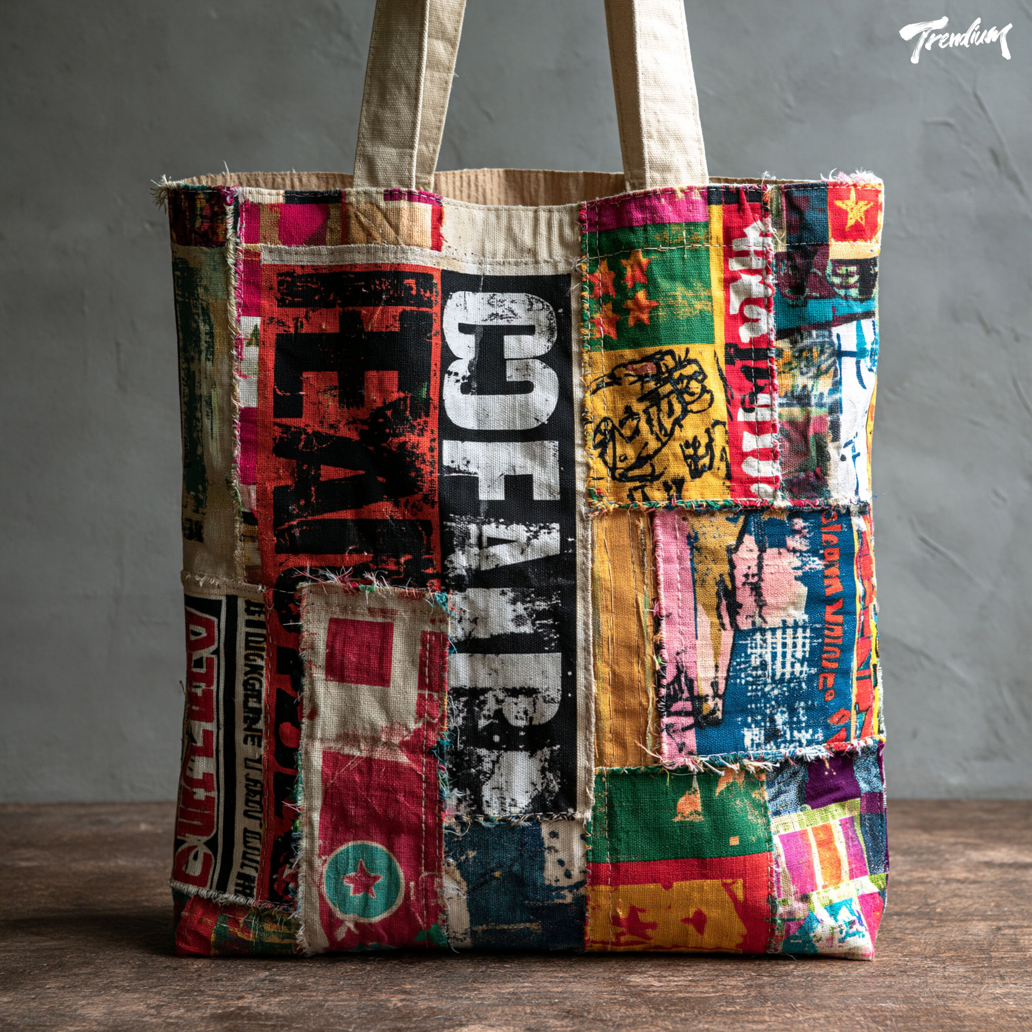 [prompt] patchwork canvas tote bag, mixed fabric collage panels, bold typographic print, raw edge stitching, kraft paper texture lining, lifestyle product photography
