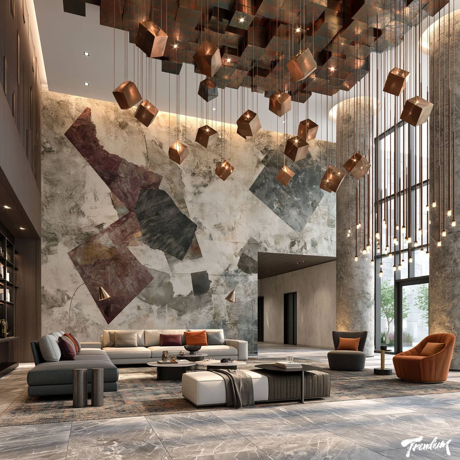 [prompt] hotel lobby interior concept, collage-inspired wall mural, oversized fragmented artwork, layered material textures, dramatic ceiling installation, luxury hospitality