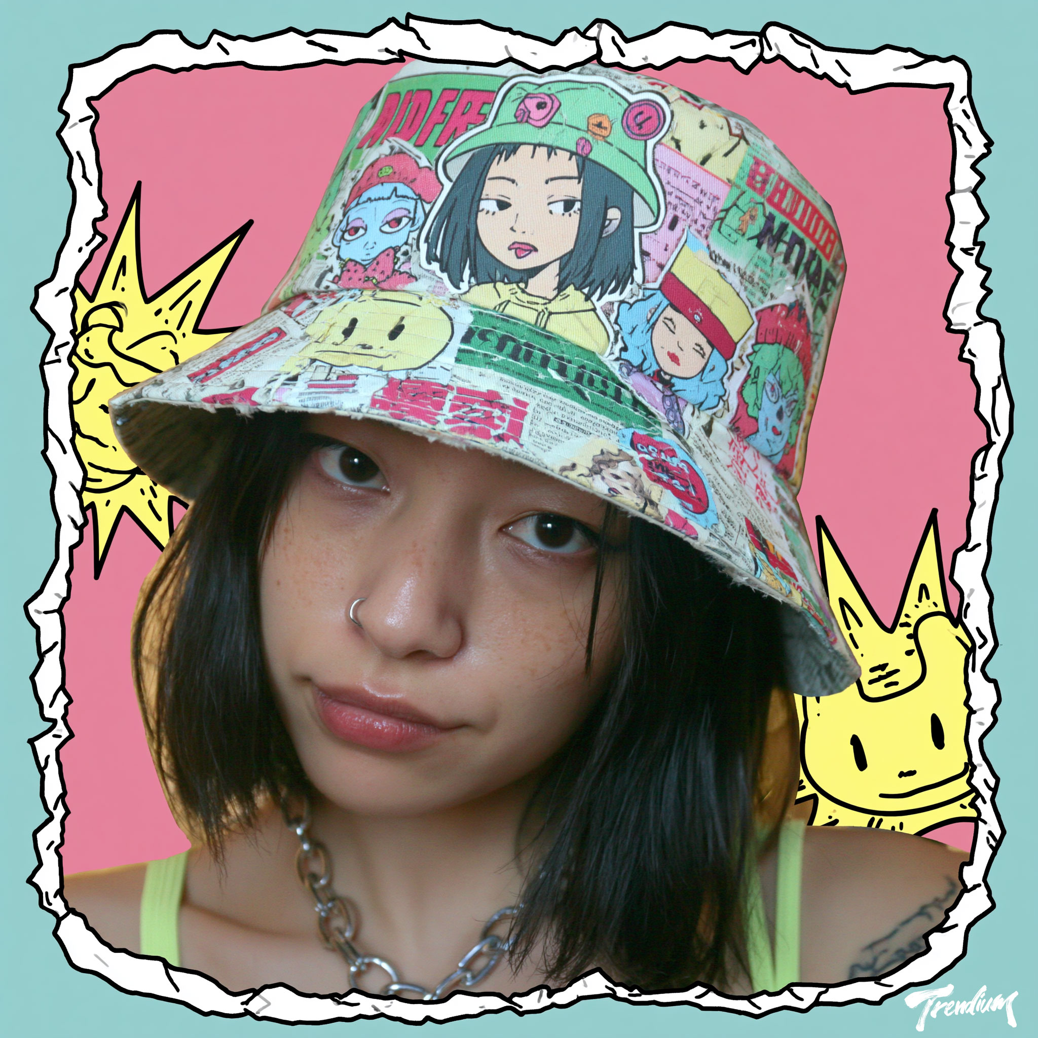[prompt] bucket hat design, collage graphic print, torn newsprint texture, mixed typefaces, zine aesthetic, bold color blocking, streetwear accessories editorial --sref 3122295297