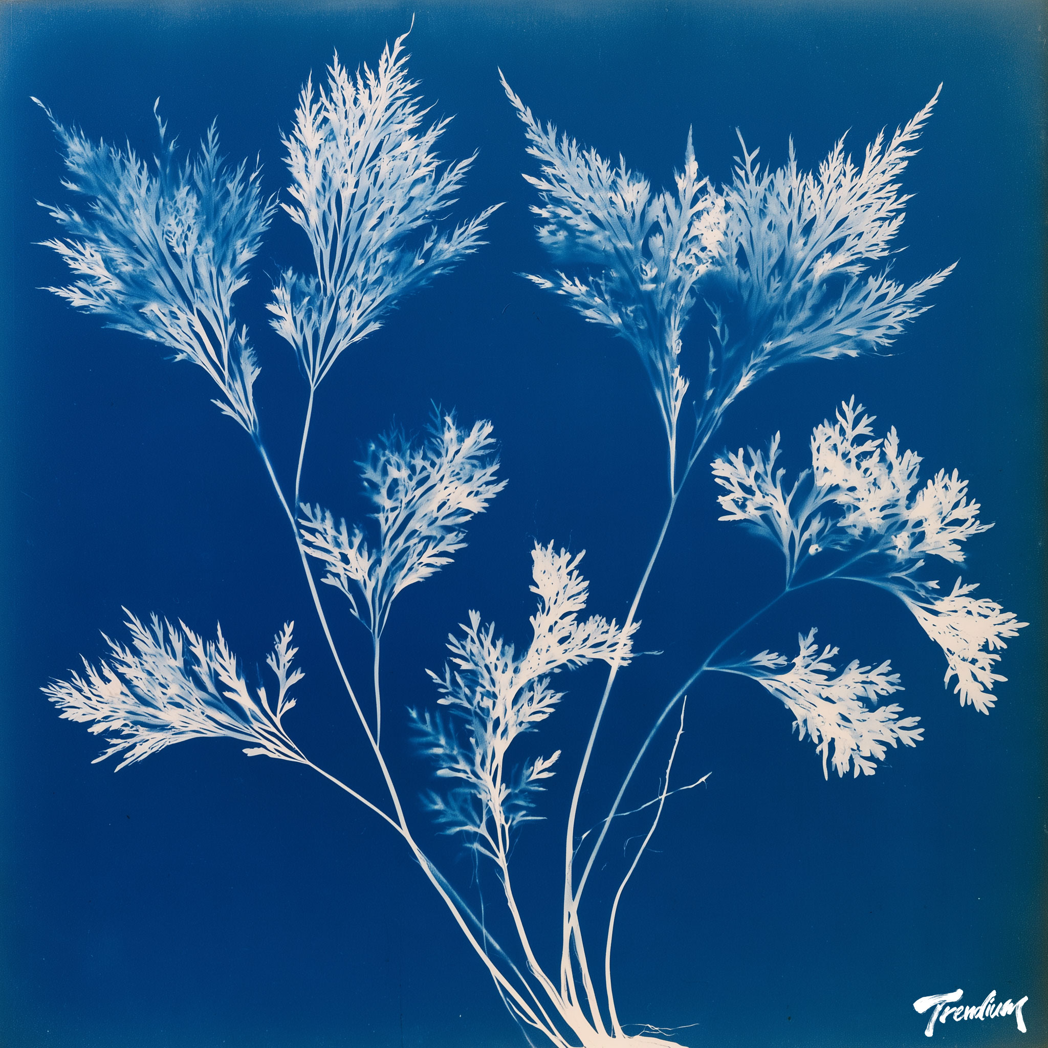 [prompt] Anna Atkins inspired cyanotype print of delicate seaweed specimens, white algae silhouettes floating on deep indigo blue, scientific plate composition, antique natural history mood.