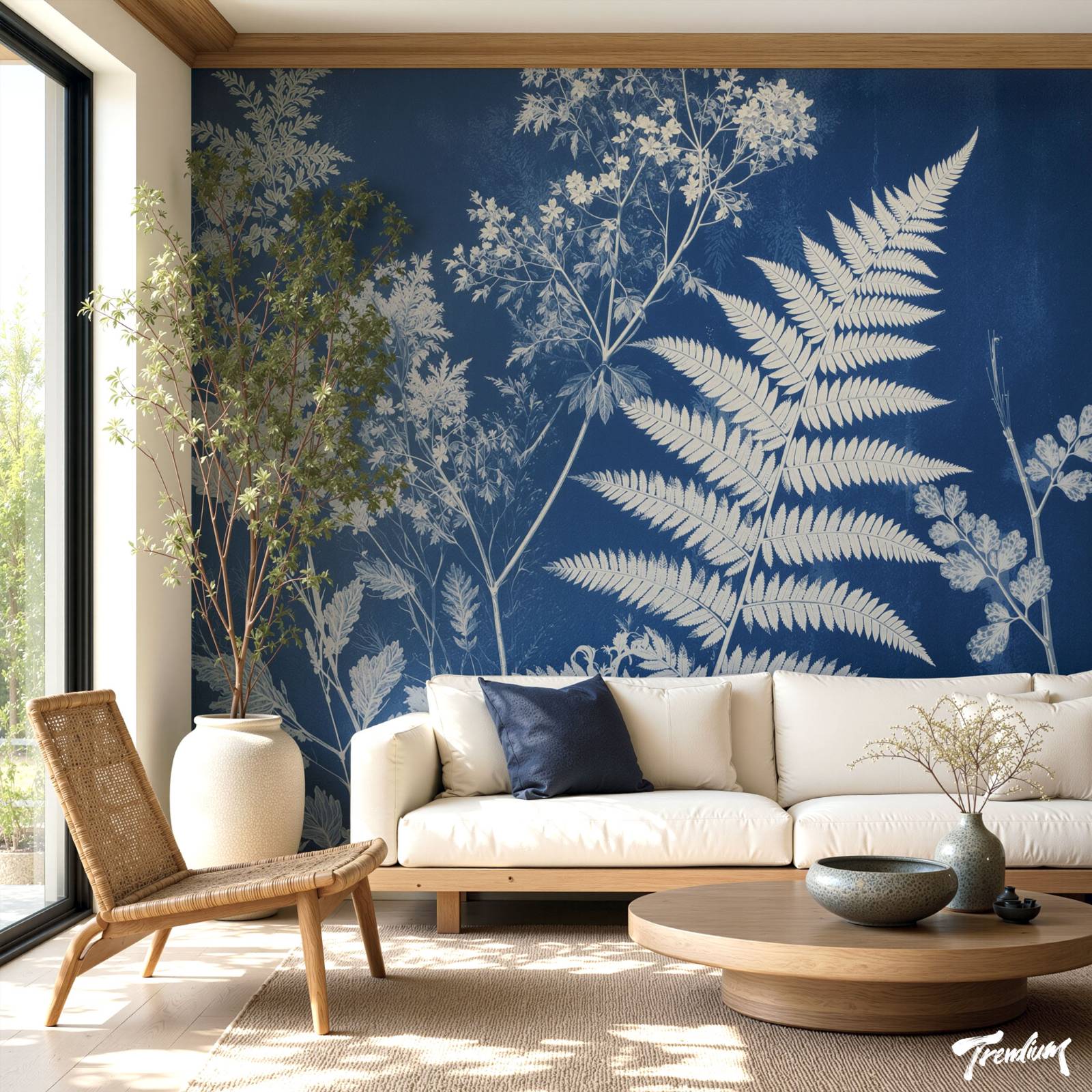 [prompt] Large-scale cyanotype mural on a living room accent wall, oversized white fern and botanical silhouettes on deep Prussian blue, natural daylight, modern minimalist interior.