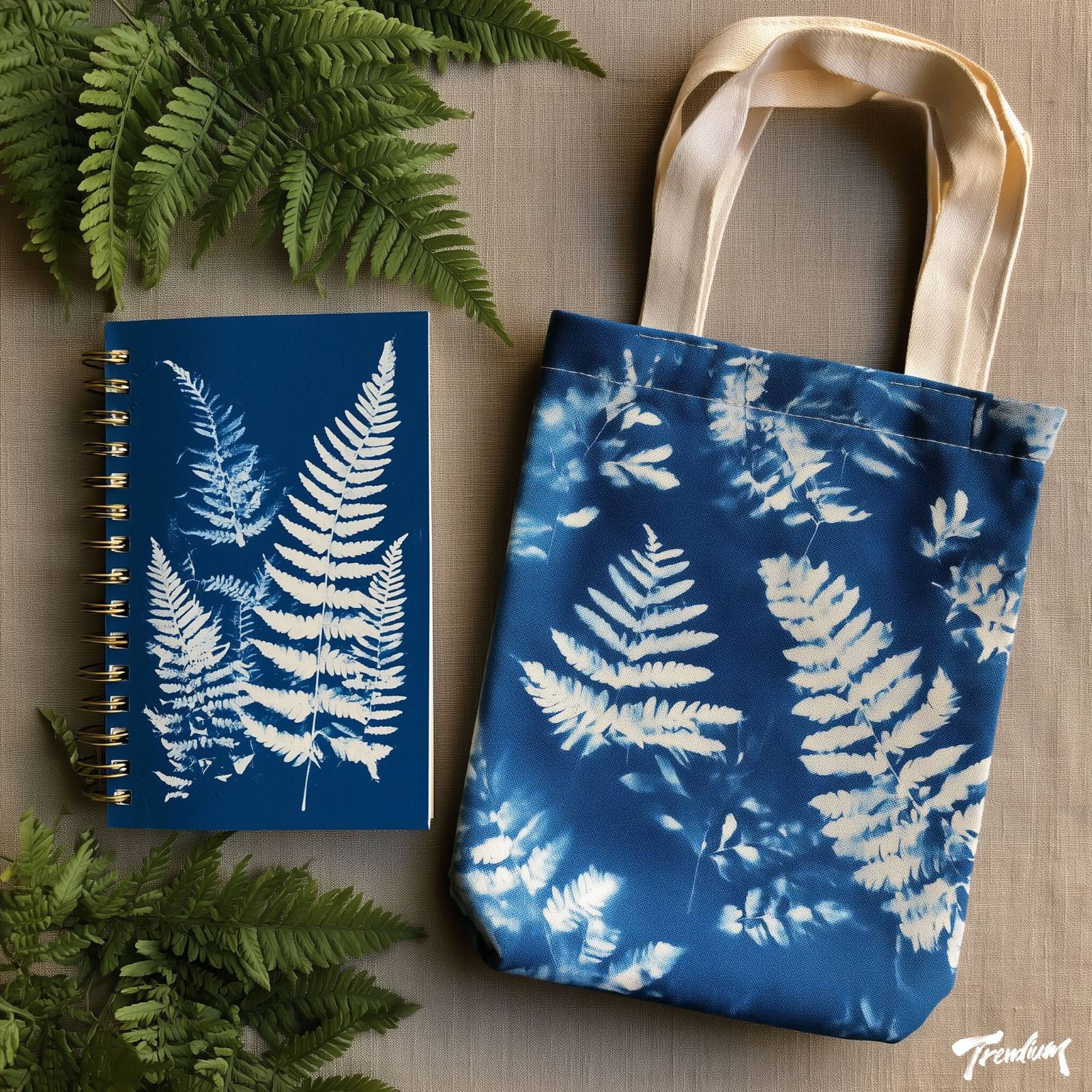 [prompt] Stationery flat lay, notebook cover and canvas tote bag printed with cyanotype fern patterns, white botanical silhouettes on Prussian blue fabric, natural linen texture, lifestyle product photography.