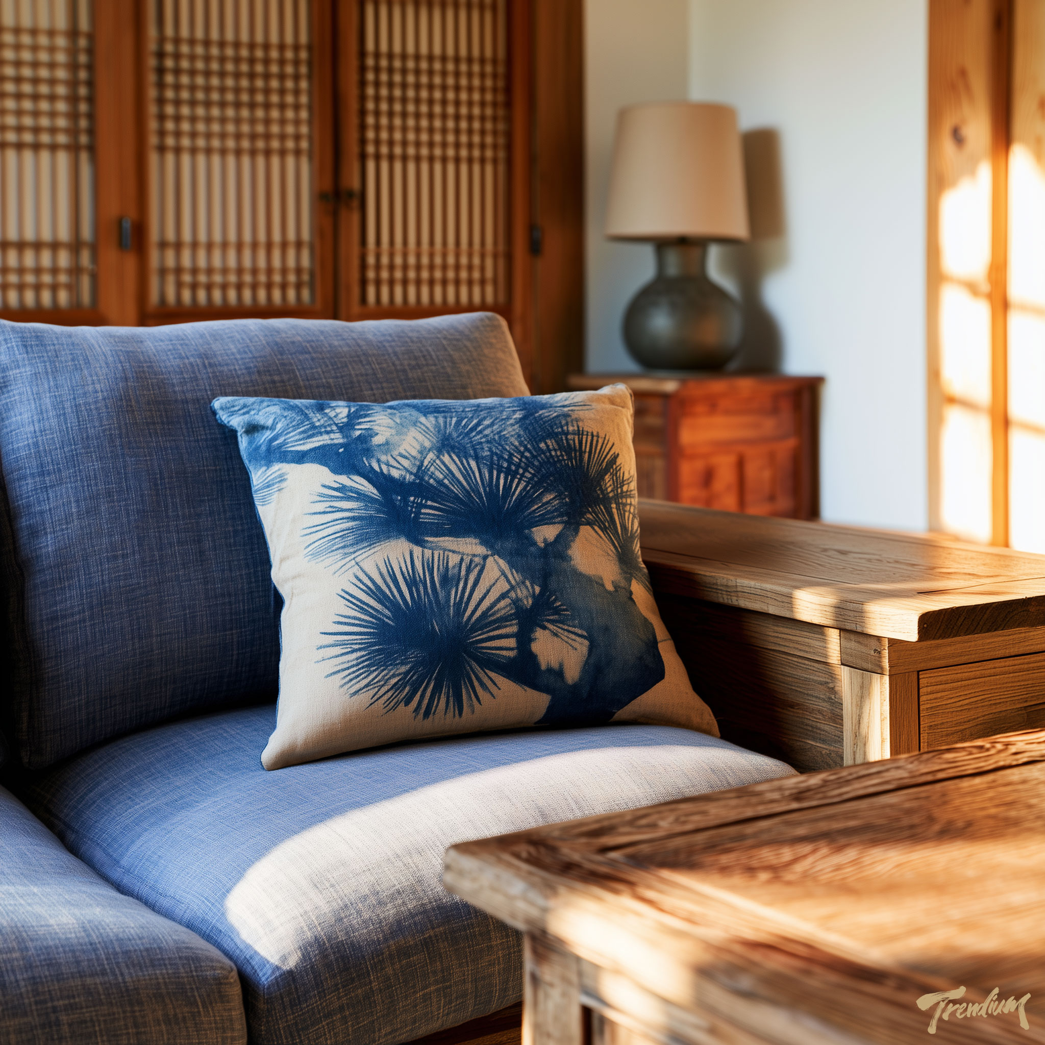 [prompt] Interior lifestyle photography, a linen cushion cover printed with cyanotype-style pine branch silhouettes in jjokbit indigo, natural wood furniture, warm minimalist hanok-inspired living room.