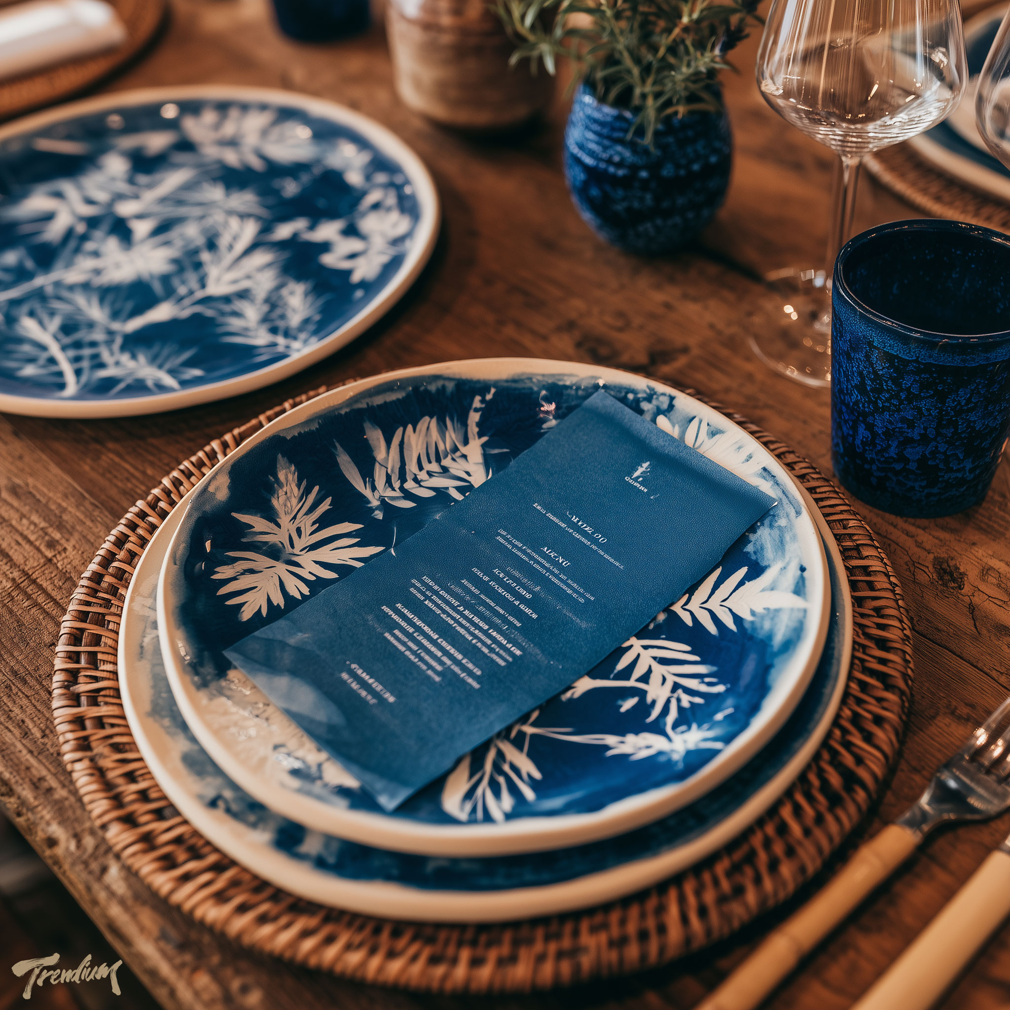[prompt] Cyanotype restaurant branding concept, ceramic plates and menu paper decorated with white herb silhouettes on Prussian blue, natural table setting, artisanal fine dining mood.