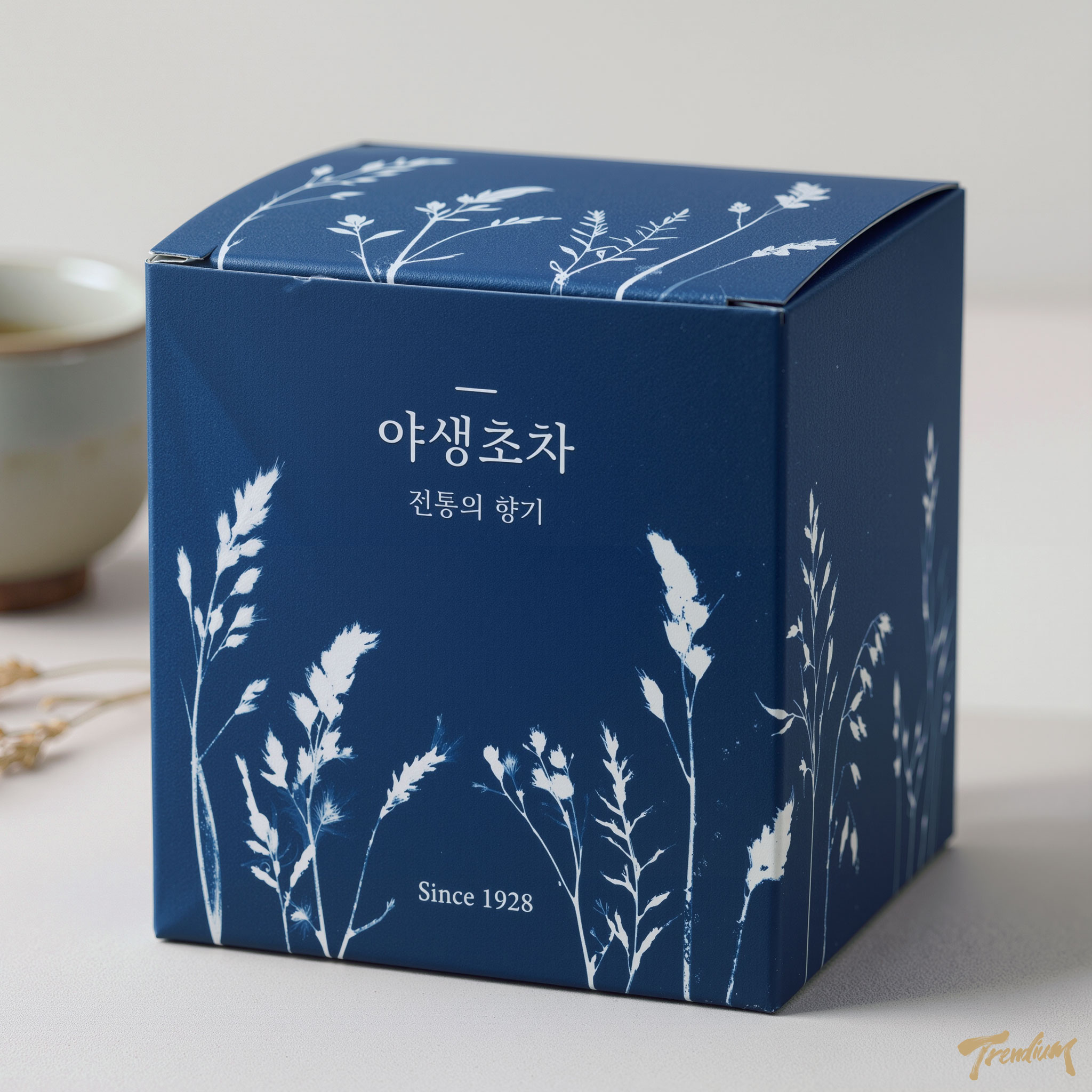 [prompt] Traditional tea packaging design, jjokbit indigo blue box with white botanical photogram pattern of wild grasses, minimalist Korean branding, soft studio lighting, product photography.