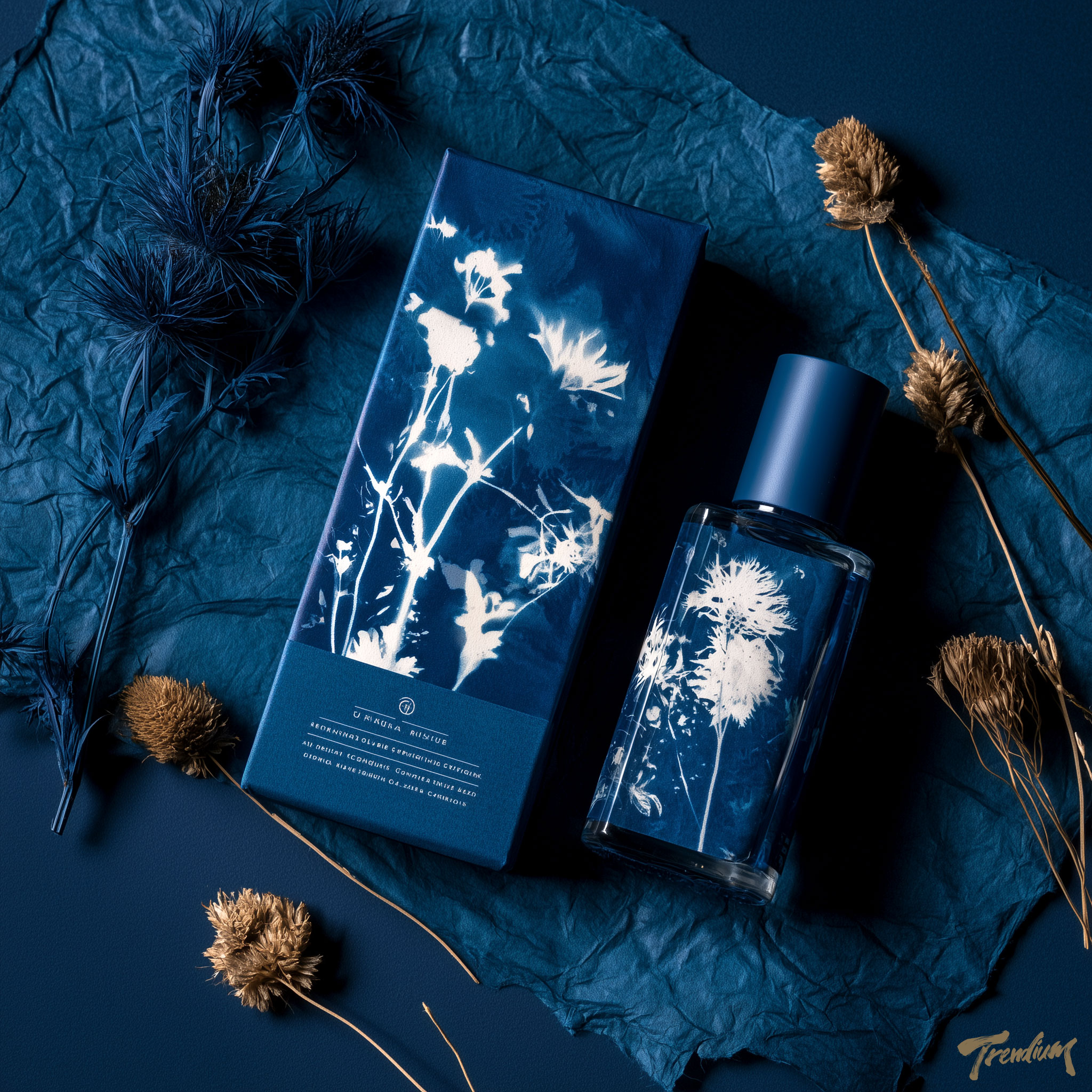 [prompt] Cyanotype packaging design for a premium botanical skincare brand, deep Prussian blue box and glass bottle with white pressed flower silhouettes, handmade paper texture, elegant product photography.