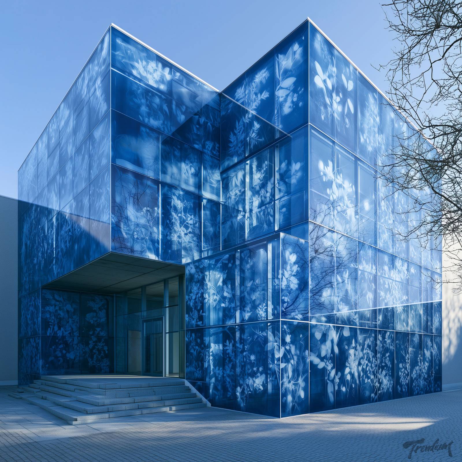 [prompt] Cyanotype architectural visualization, modern museum facade covered with translucent blue glass panels printed with white botanical photogram patterns, sunlight casting shadows, poetic contemporary architecture.