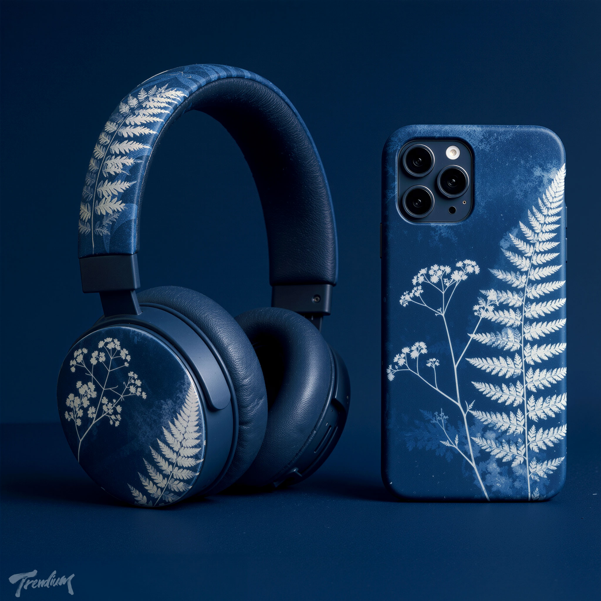 [prompt] Cyanotype tech product concept, wireless headphones and phone case with white botanical silhouettes on deep blue matte surface, premium studio lighting, futuristic craft aesthetic.