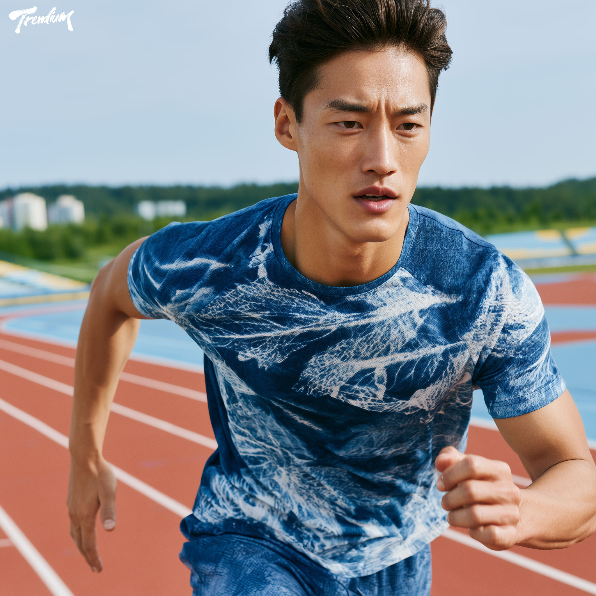 [prompt] Cyanotype sportswear campaign, Korean man in his 20s wearing indigo activewear with white leaf-pattern photogram graphics, outdoor running track, clean editorial photography, energetic but refined.