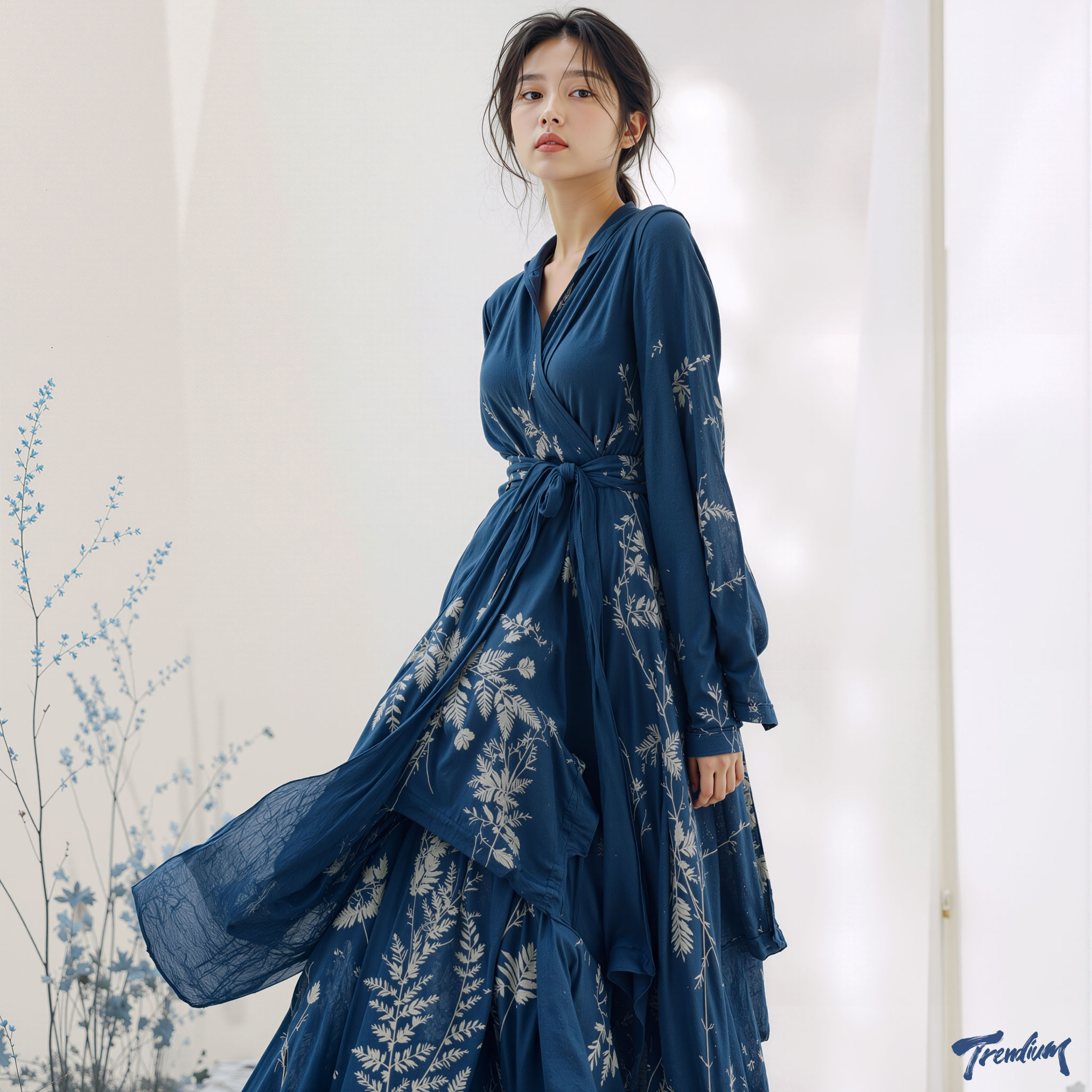 [prompt] fashion editorial inspired by cyanotype aesthetics, Korean model wearing Prussian blue layered linen dress with white botanical print pattern, cyanotype photogram texture on fabric, Anna Atkins botanical motifs, slow fashion artisan aesthetic, editorial photography.