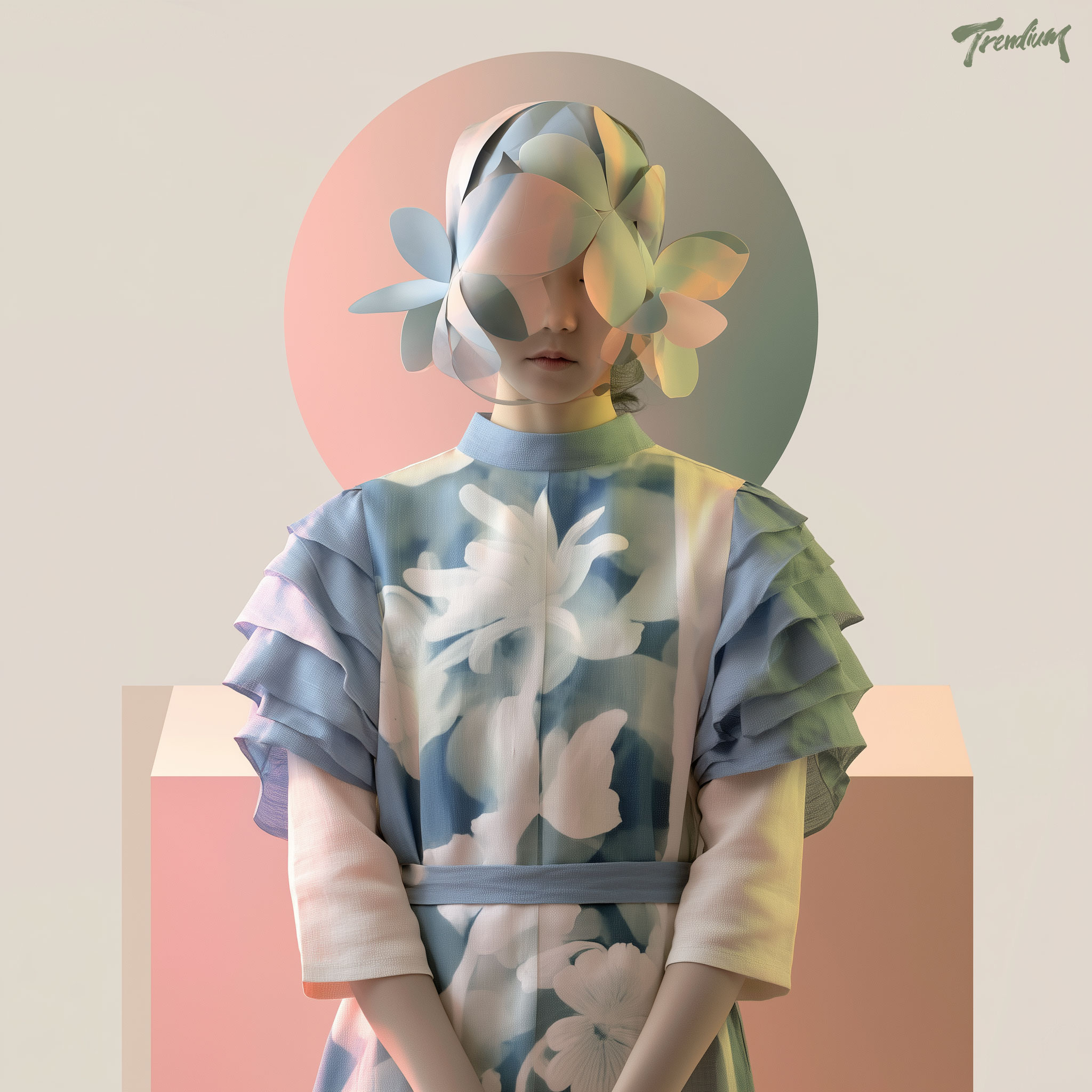 [prompt] fashion editorial inspired by cyanotype aesthetics, Korean model wearing Prussian blue layered linen dress with white botanical print pattern, cyanotype photogram texture on fabric, Anna Atkins botanical motifs, slow fashion artisan aesthetic, editorial photography. --sref 568470234
