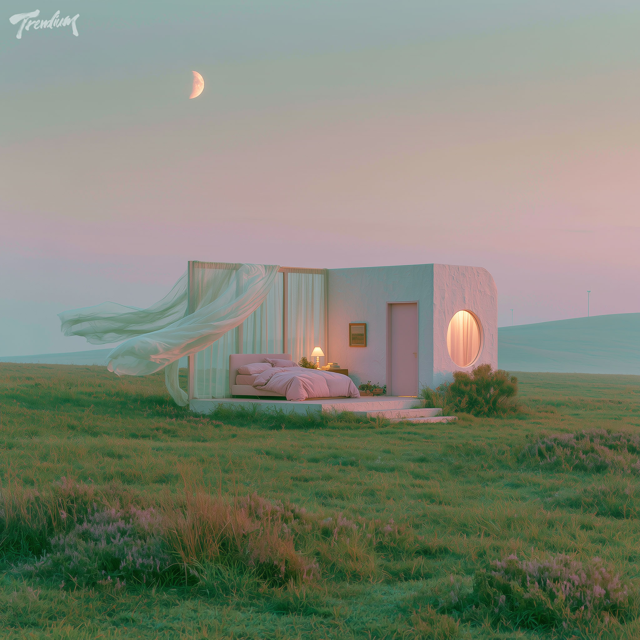 [prompt] A childhood bedroom standing alone in a vast green field, sheer curtains moving in the wind, pale pink sky, comforting yet uncanny dreamcore. --raw --stylize 500