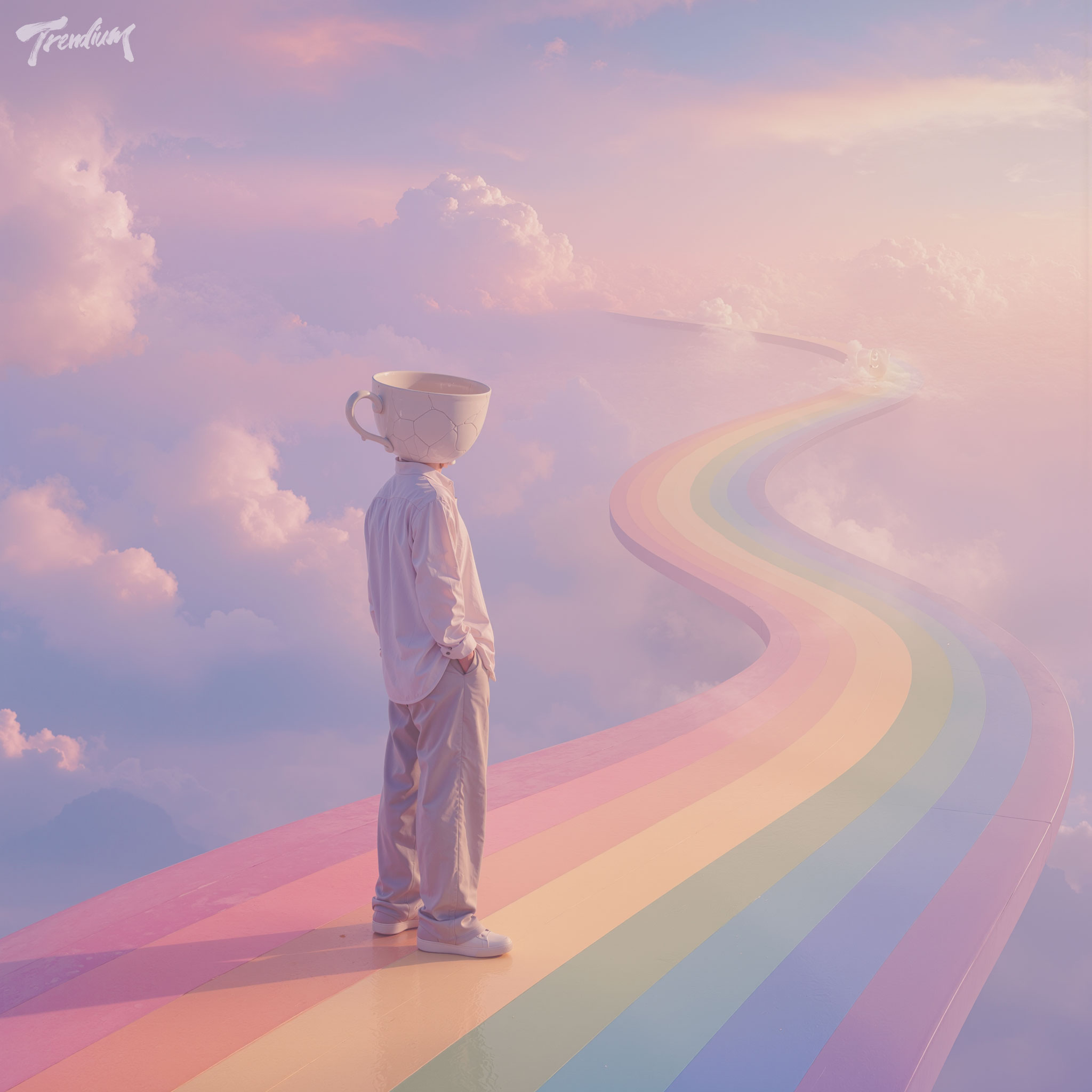 [prompt] young Korean man in his early 20s wearing an object-headed mask shaped like a cracked teacup, standing on an endless rainbow arc bridge, hazy pastel sky, dreamcore.