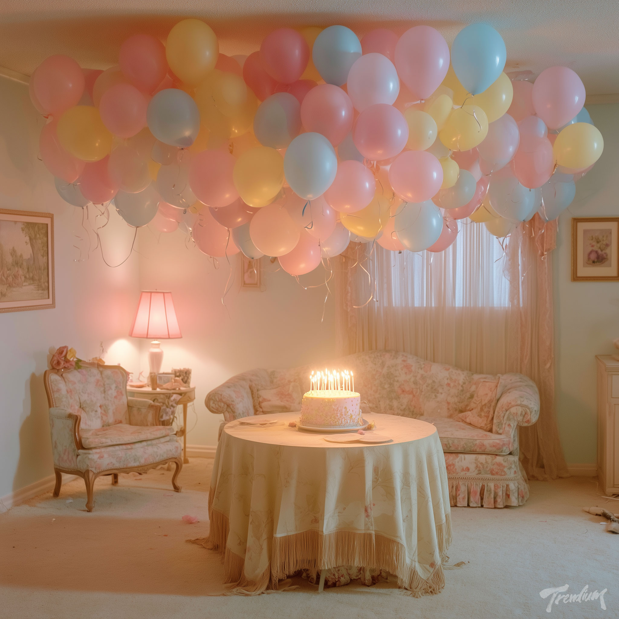 [prompt] An empty children's birthday room after the party, pastel balloons floating near the ceiling, one cake glowing on the table, nostalgic and slightly unsettling dreamcore. --raw --stylize 250