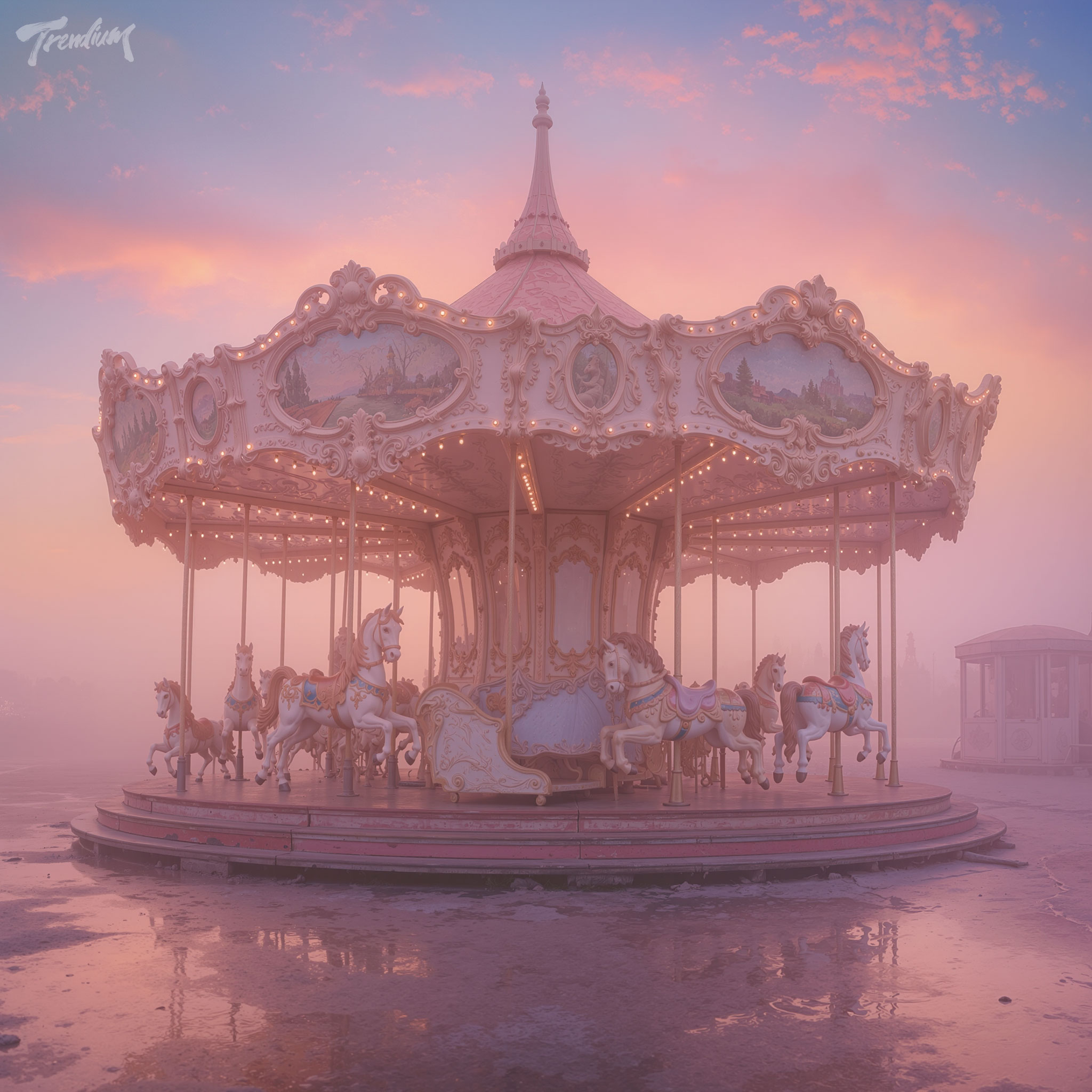 [prompt] empty amusement park carousel, dreamcore aesthetic, pastel sky bleeding into fog, no people, warm nostalgic lighting, hazy focus.