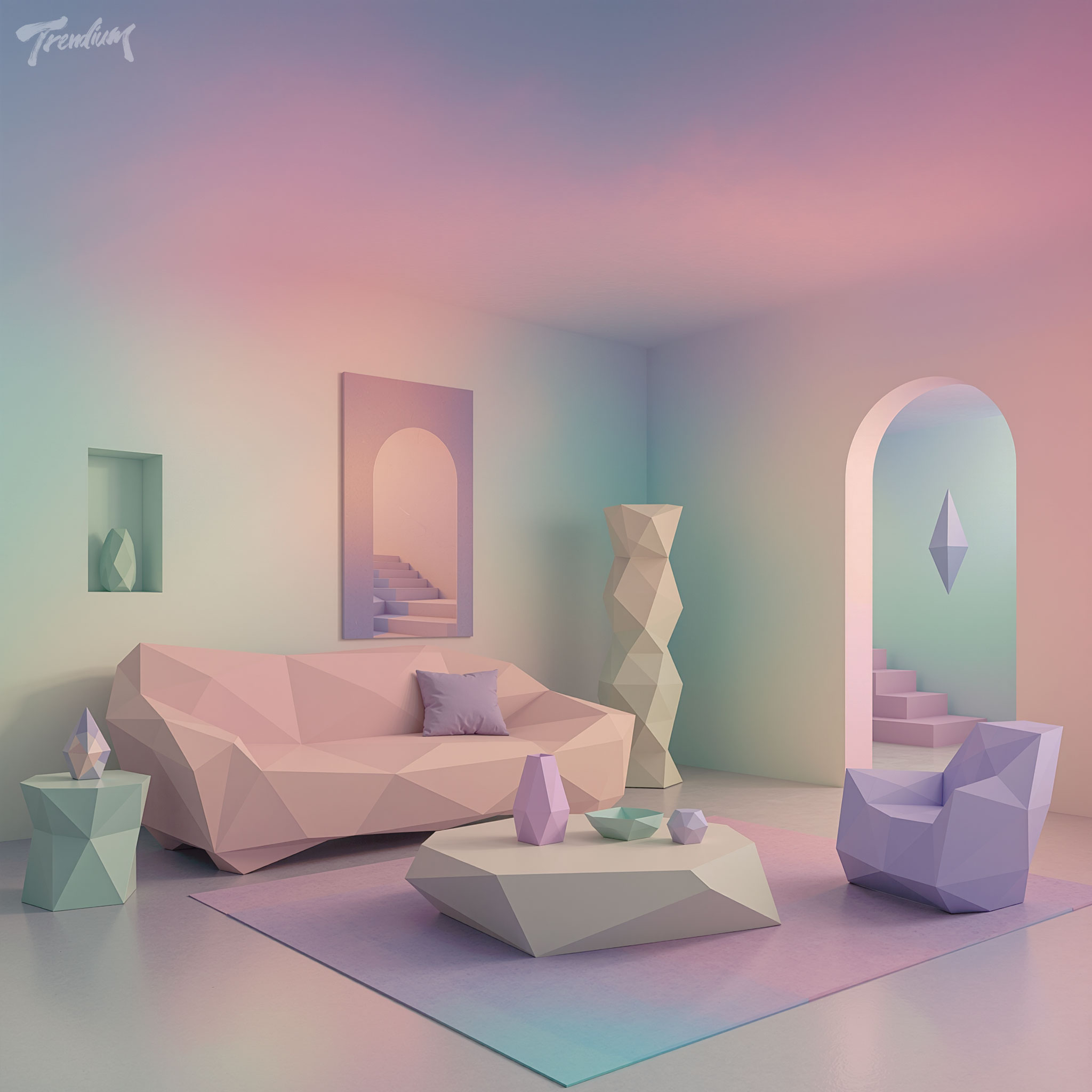 [prompt] living room interior design, dreamcore mood, pastel gradient walls blending into ceiling, low-poly 3D furniture accents, soft uncanny lighting, no visible light source.