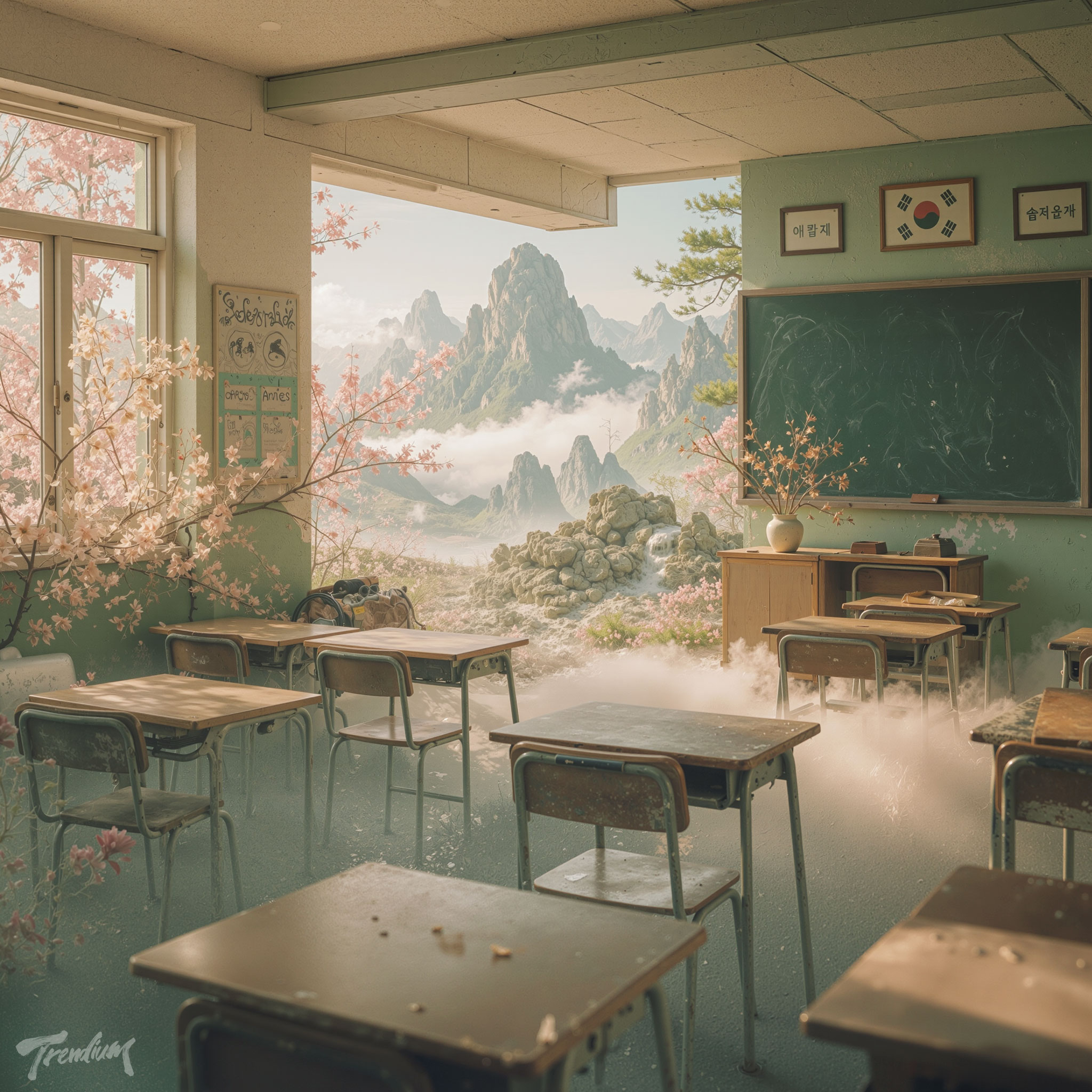 [prompt] An abandoned Korean elementary school classroom opening into a dreamlike mountain paradise, peach blossoms growing through the windows, clouds floating between empty desks, pale celadon and faded peach palette, Korean dreamcore, soft analog film grain.