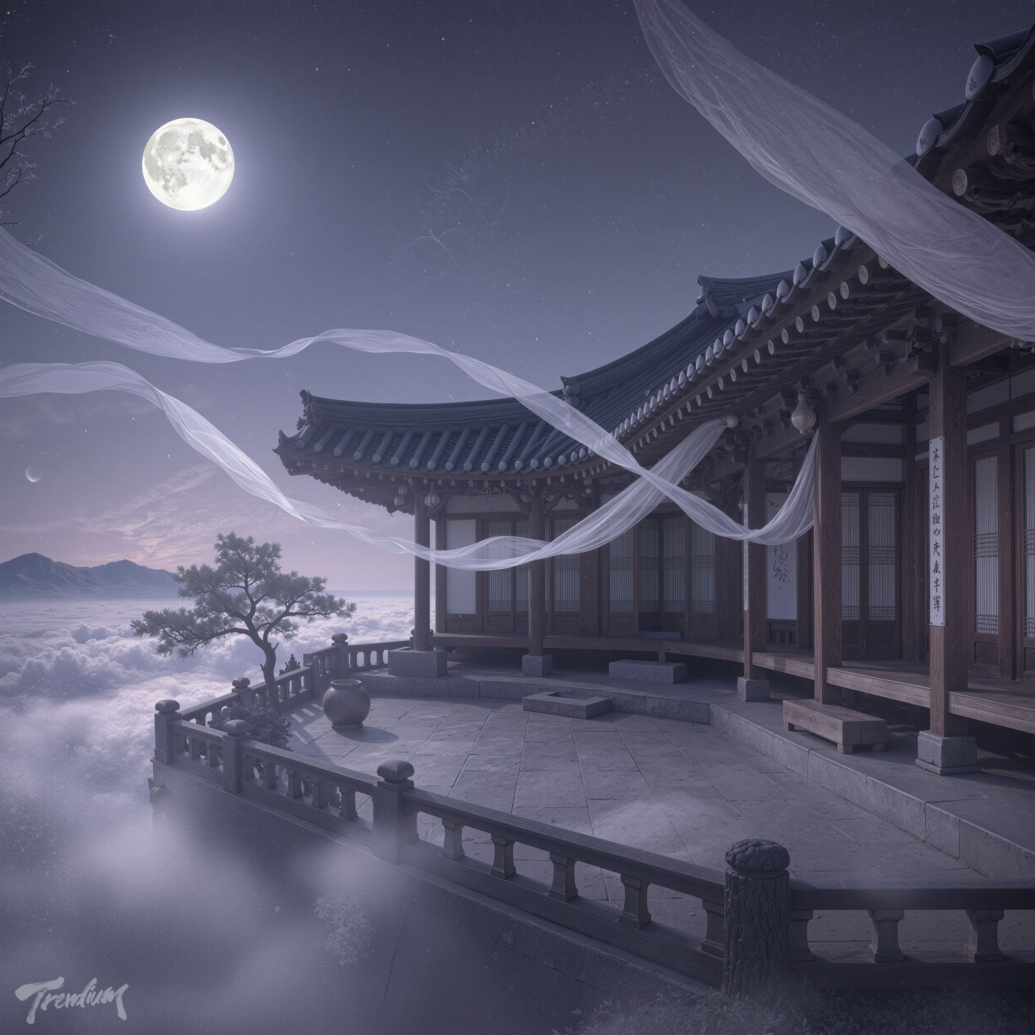 [prompt] An empty traditional Korean hanok courtyard floating above clouds, white fabric drifting through the air, moonlit mist, poetic Korean dreamcore, soft film texture.