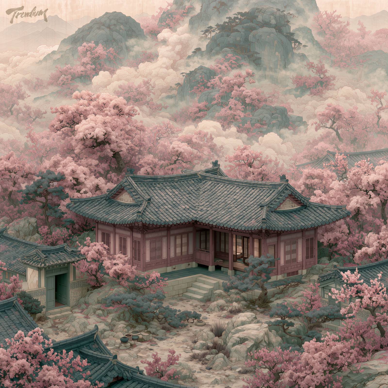 [prompt] A panoramic dream journey beginning in an ordinary Korean neighborhood and gradually rising into monumental misty mountains filled with peach blossoms, shifting perspective, silk and ink texture, Joseon landscape fused with contemporary dreamcore.