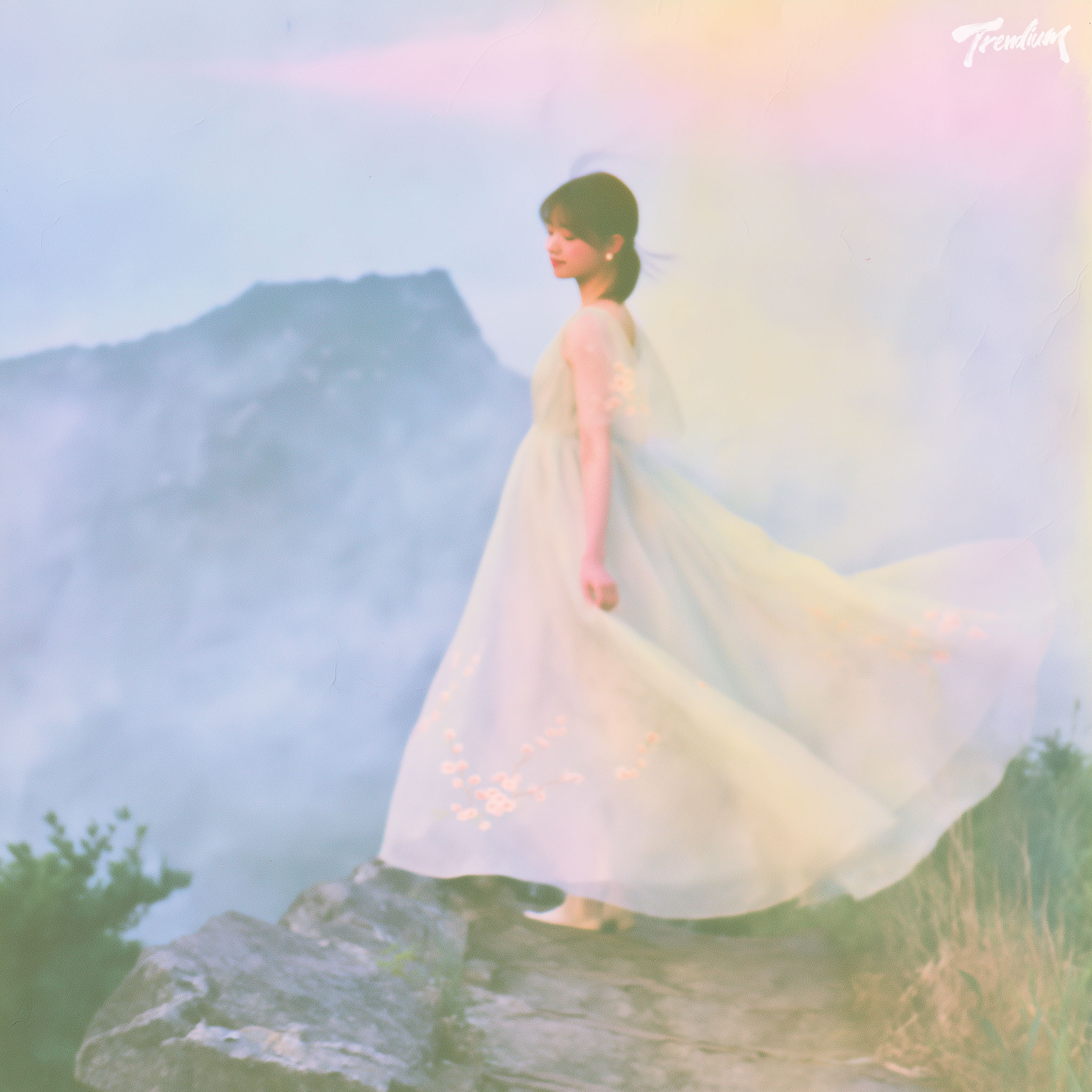[prompt] A low-angle full-body fashion portrait of a Korean female model wearing a pale celadon organza gown embroidered with peach blossom motifs, standing on a narrow stone path rising from an abandoned school corridor into monumental misty mountains, flowing fabric caught in the wind, dreamcore nostalgia fused with Mongyudowondo landscape, dramatic vertical composition, soft pink dawn light, ink-wash clouds, cinematic Korean fashion editorial, surreal movie poster, subtle analog film grain, no text. --sref 3712451928